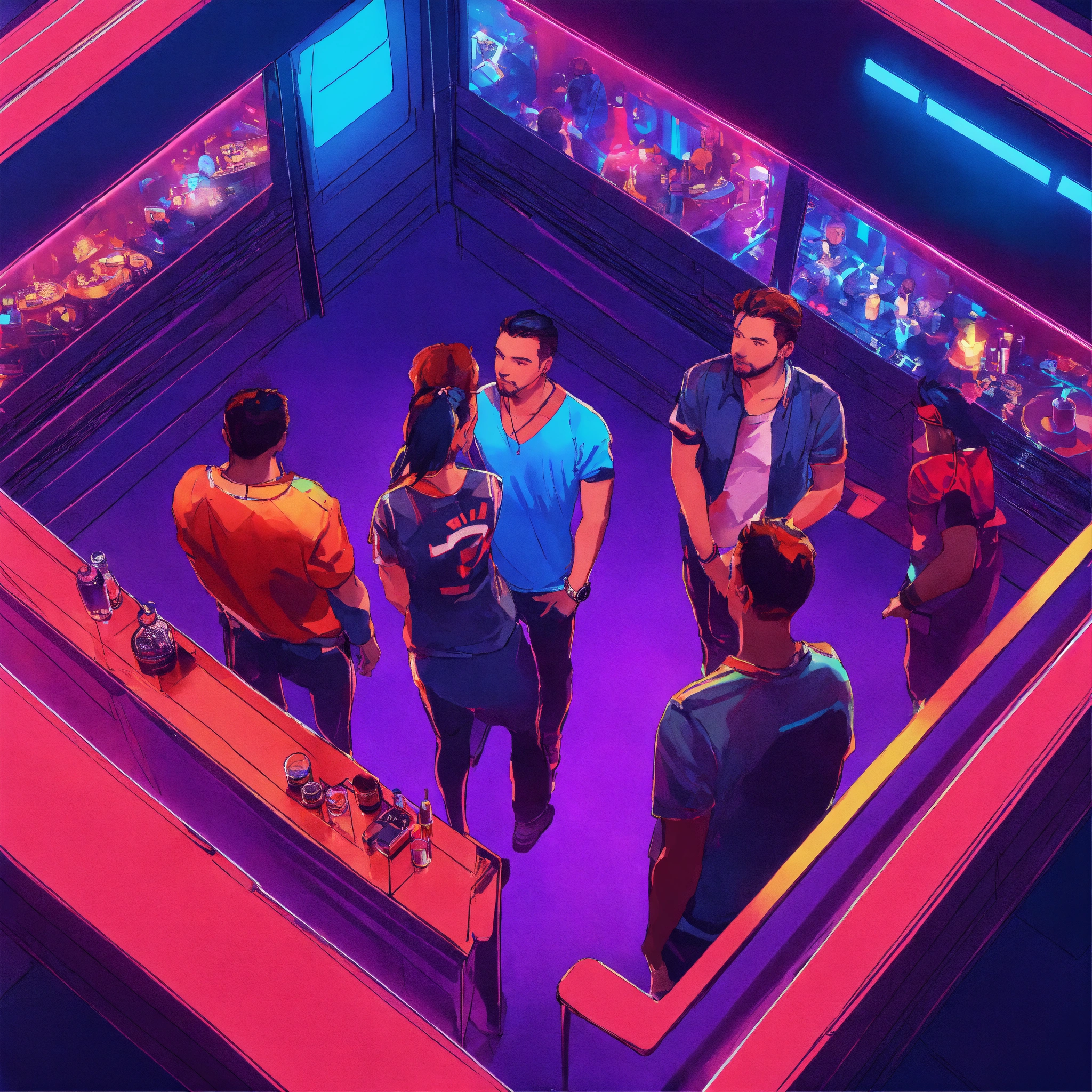 Lexica - Top view of inside a club, one man is in front of 4 others ...