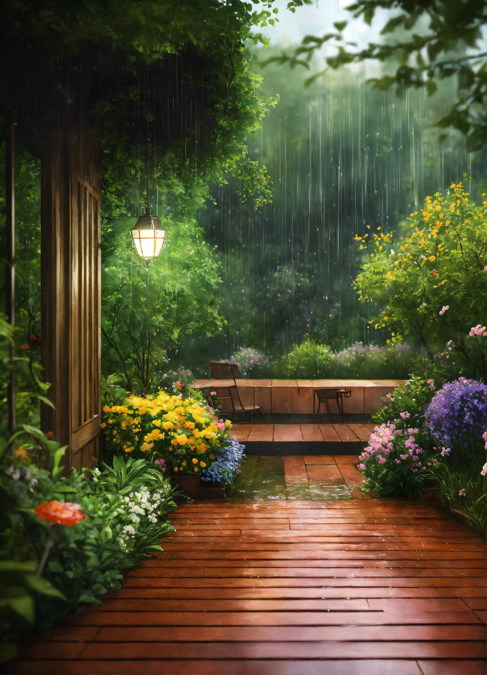 Lexica - Garden atmosphere raining. Realistic landscape