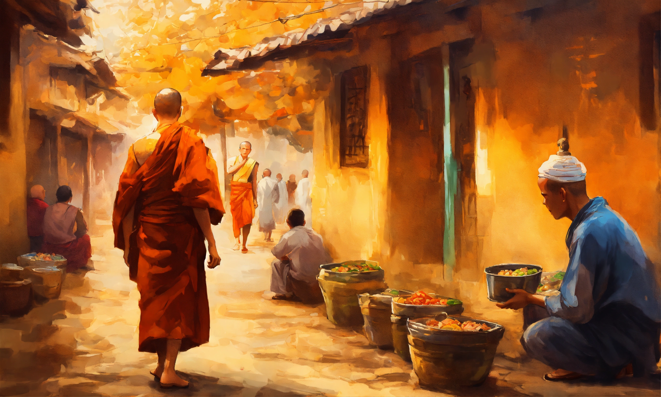 Lexica Buddhist Monk Distributing Food Among Poor People Impressionist Style