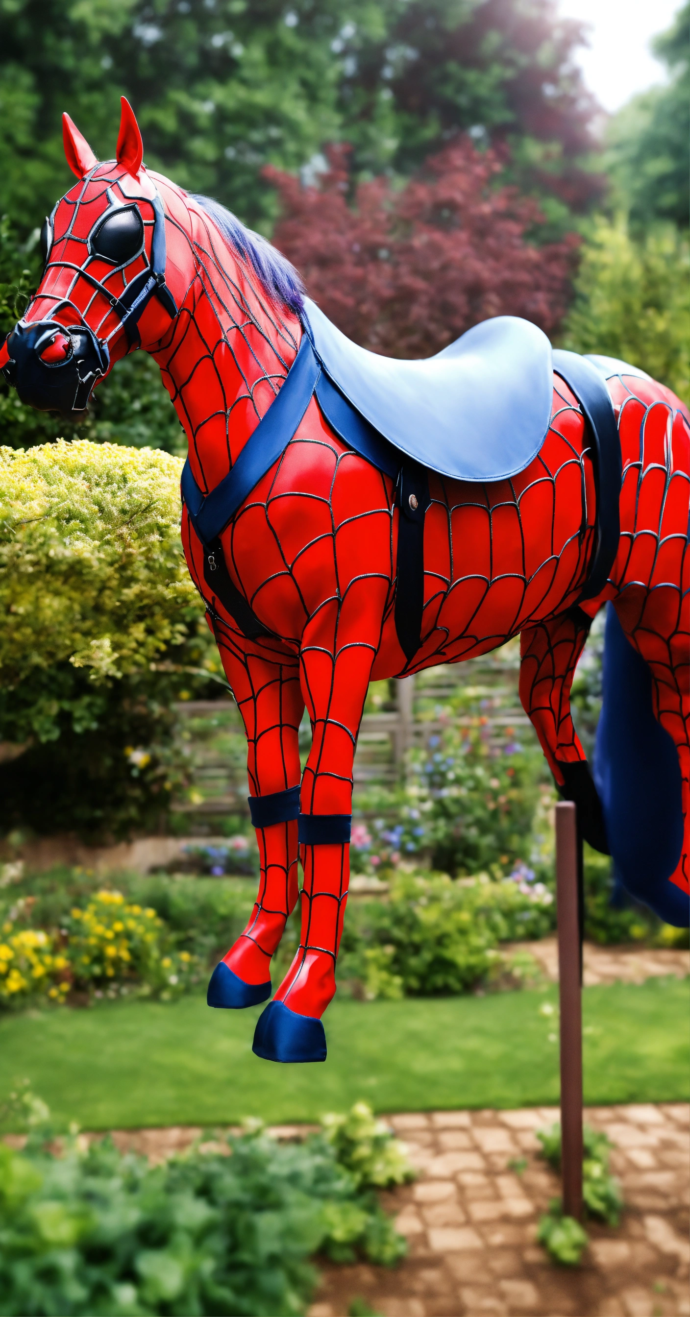 Lexica - Realistic, spiderman themed horse, in the garden, amazing ...