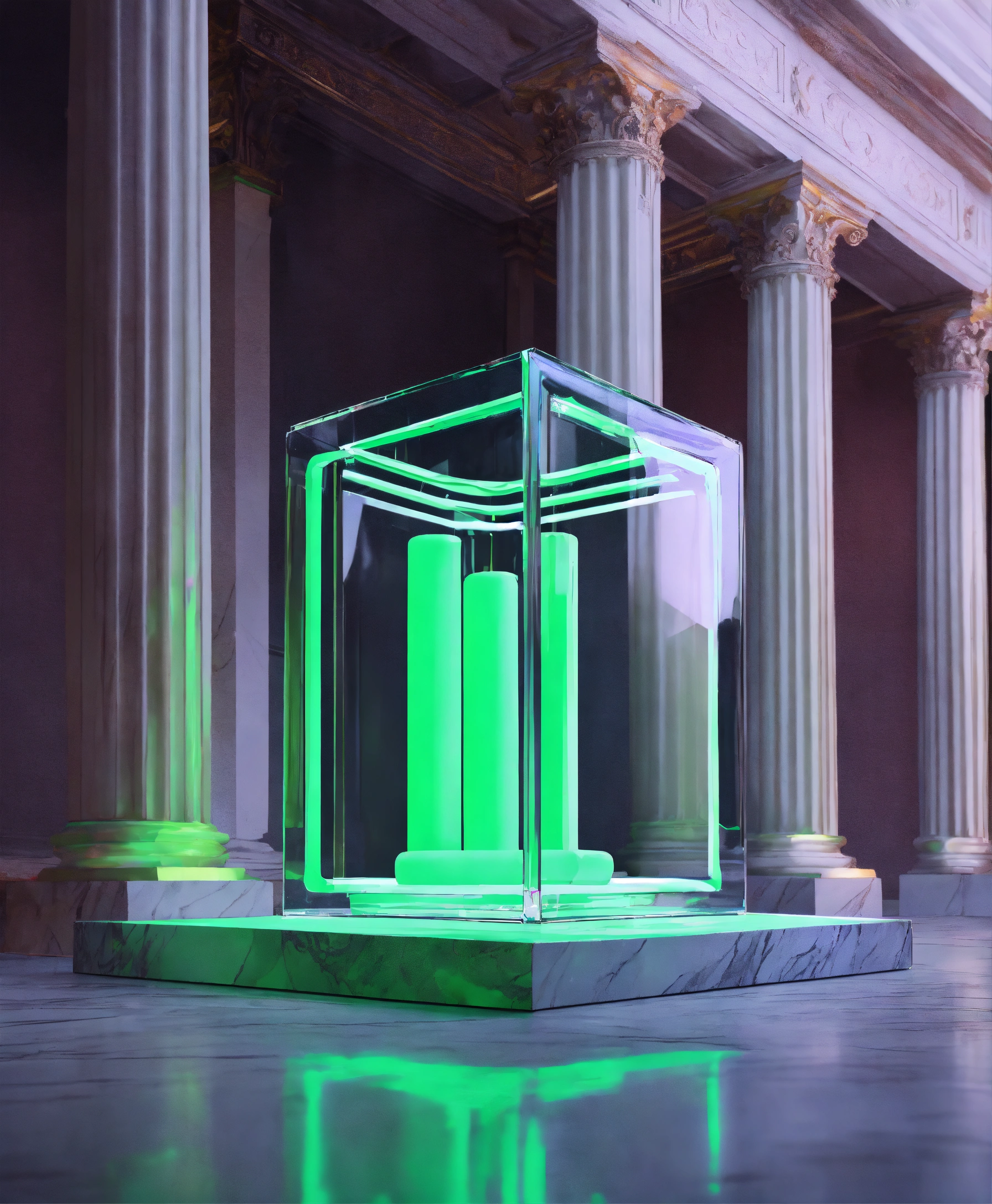 Lexica - Inflatanle Clear glass cube, Stacked marble roman columns ...