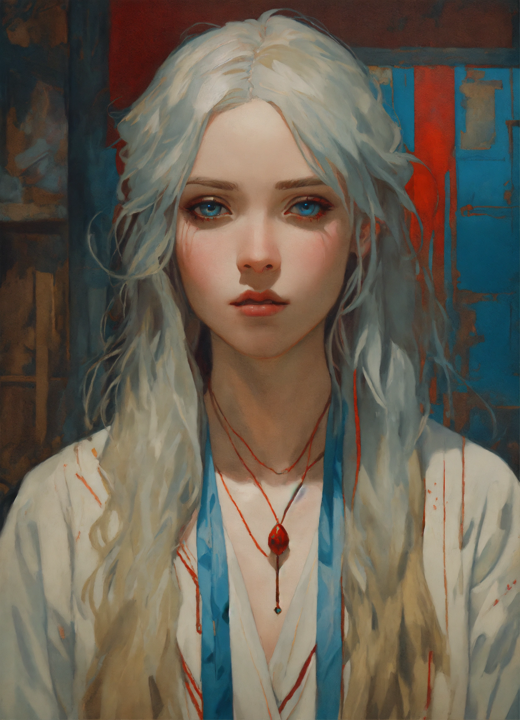 Lexica - Portrait of a white woman, age 20, long silver hair, red ...