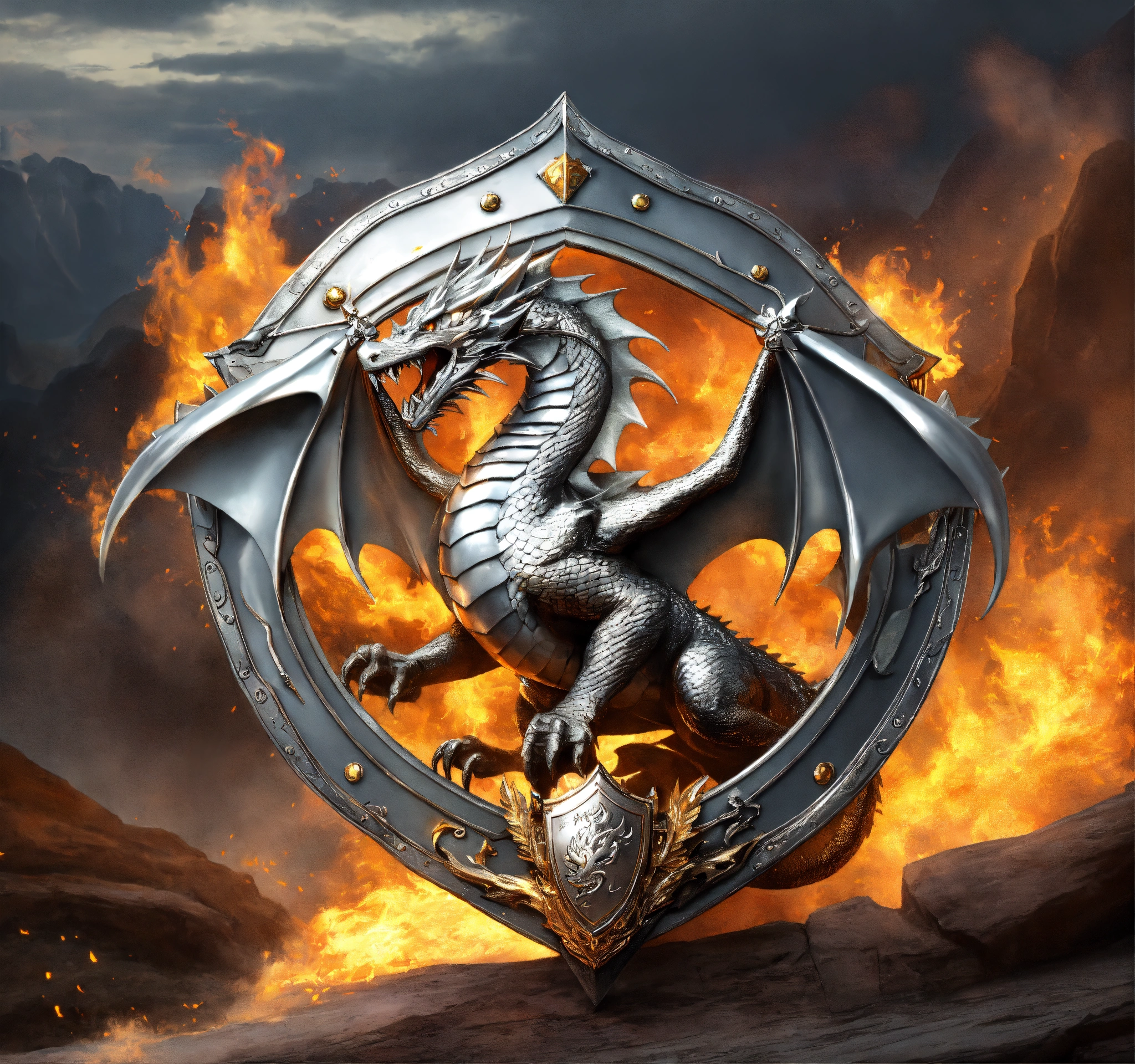 Lexica - A shield of silver with a silver dragon breathing fire