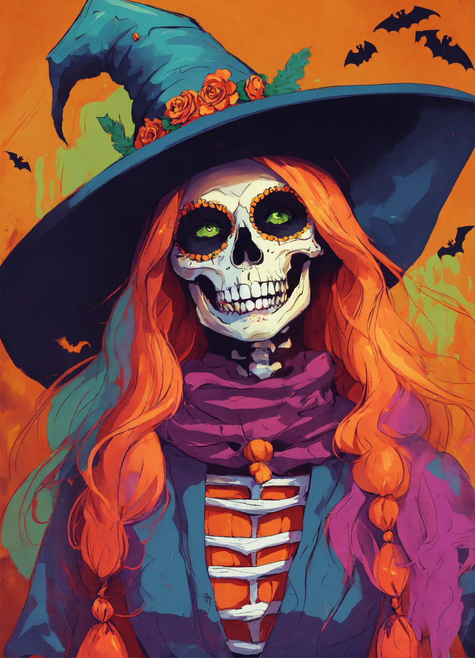 Lexica - Silly, spooky, colorful, skeleton witch. Halloween themed.