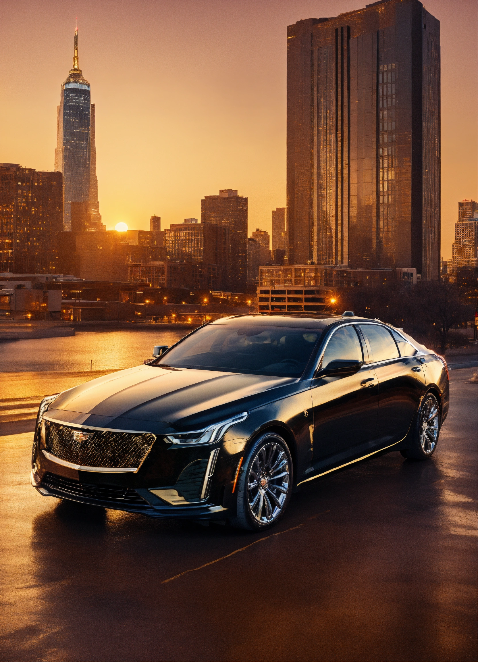 Lexica - 2023 Cadillac ct5 black and Gold with downtown landscape and ...
