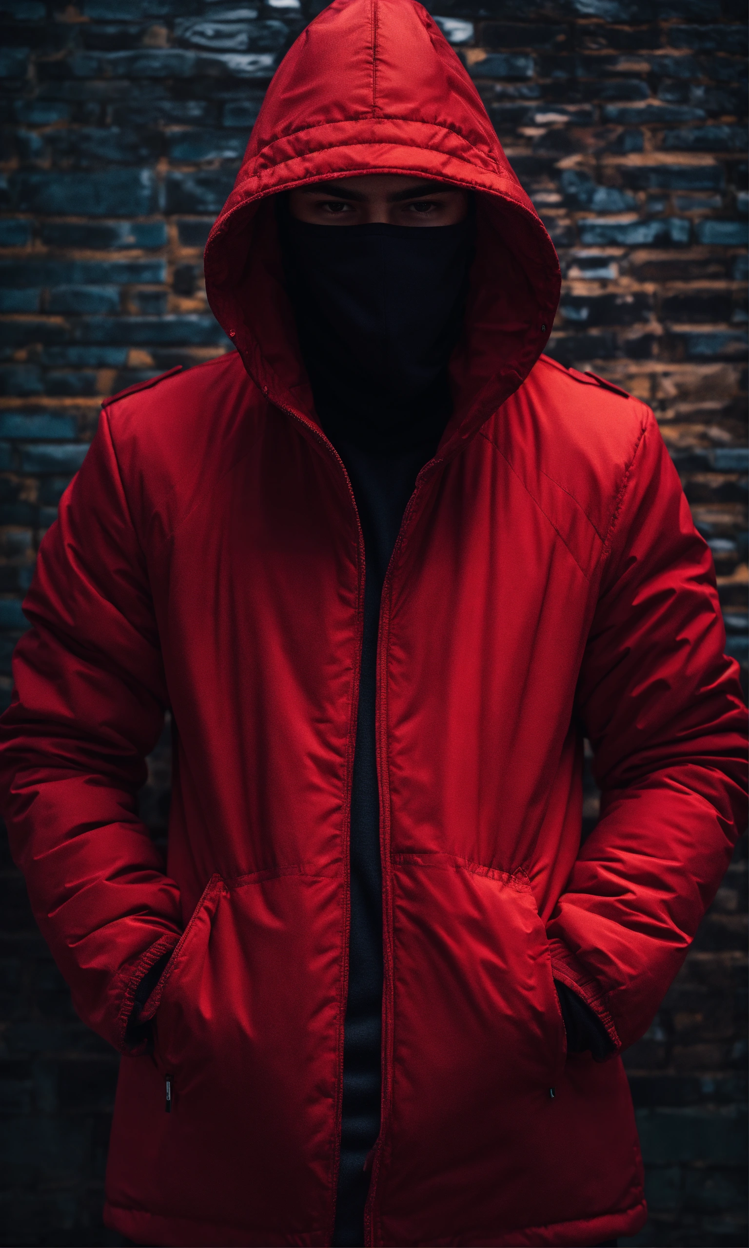 Lexica - Anonymous hacker in red jacket with hidden face with arms crossed