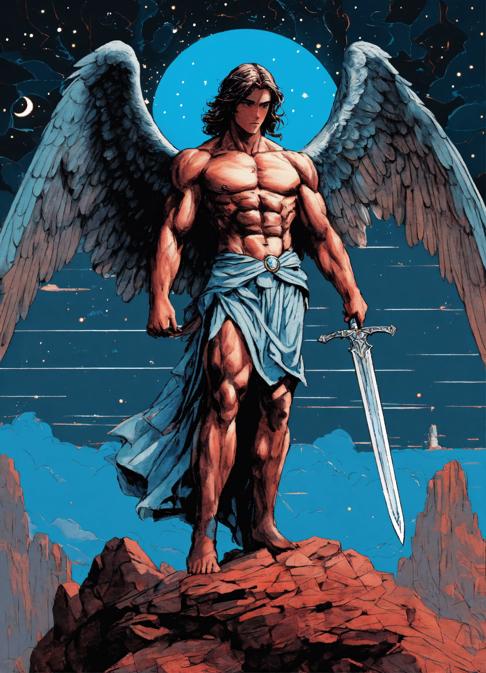 Lexica - Drawing of an angel figure with muscles, wide wings, sword in ...