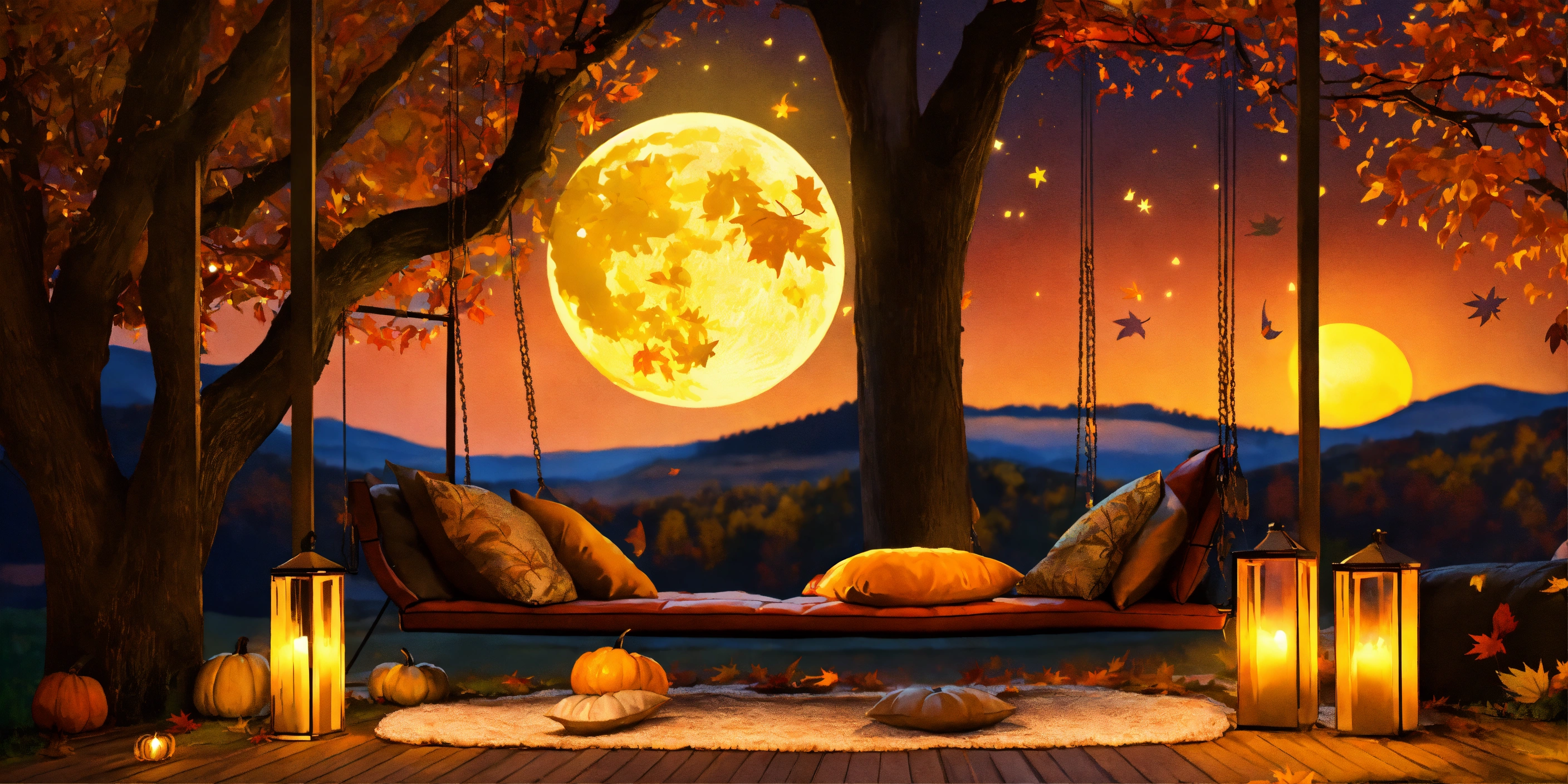 Lexica - Fall landscape, fall theme patio, big fluffy rug, couch swing ...