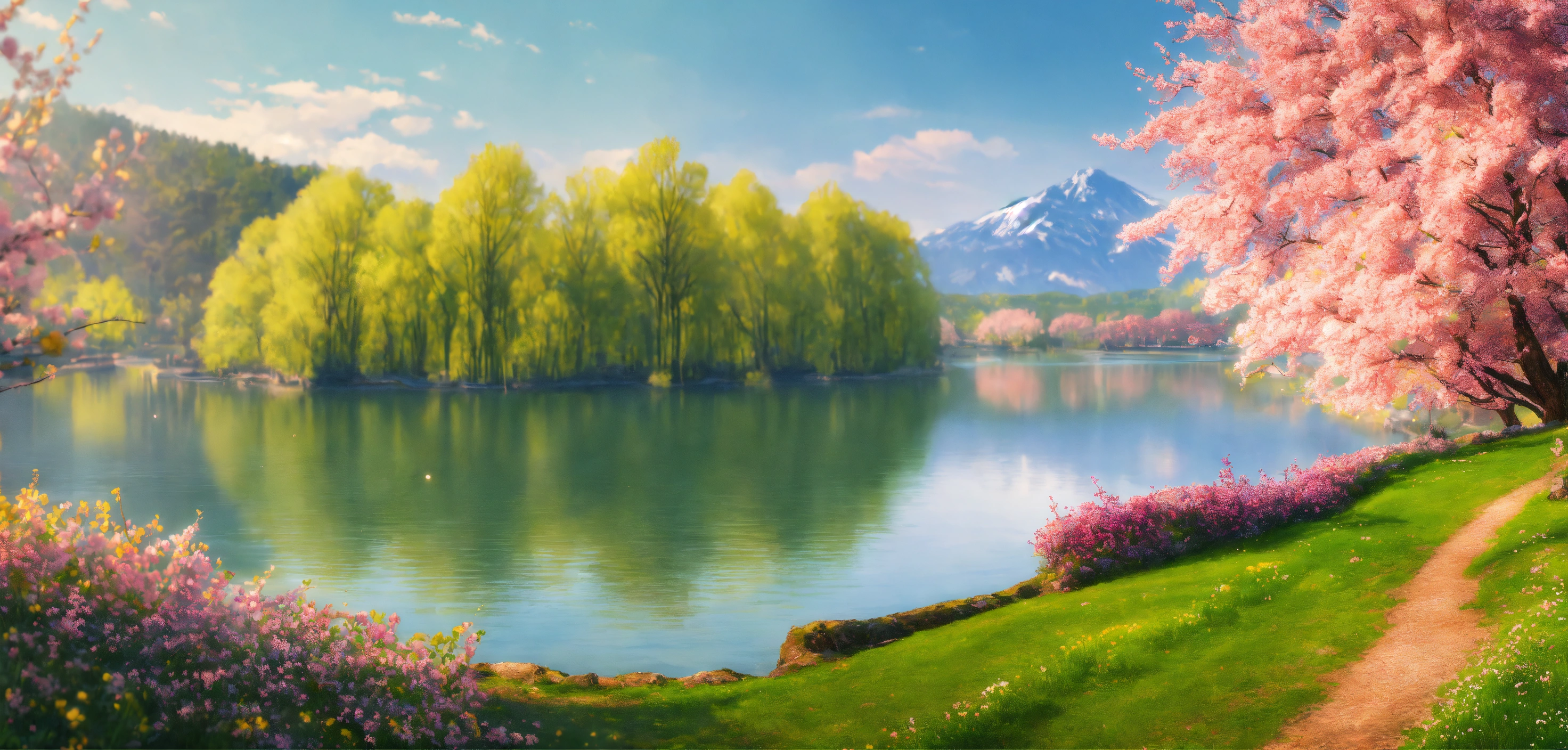 Lexica - A serene and majestic spring landscape with blossoming trees ...