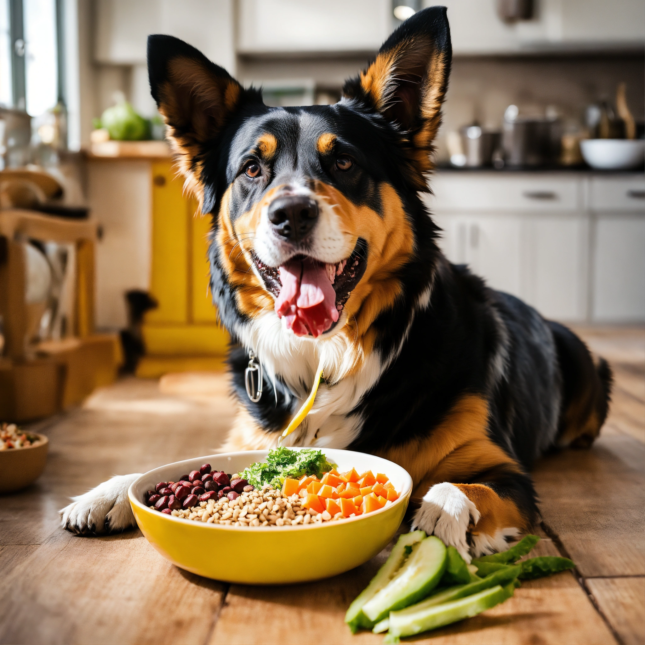 Lexica - A photo of a dog with a bowl of fresh raw food. The dog is ...