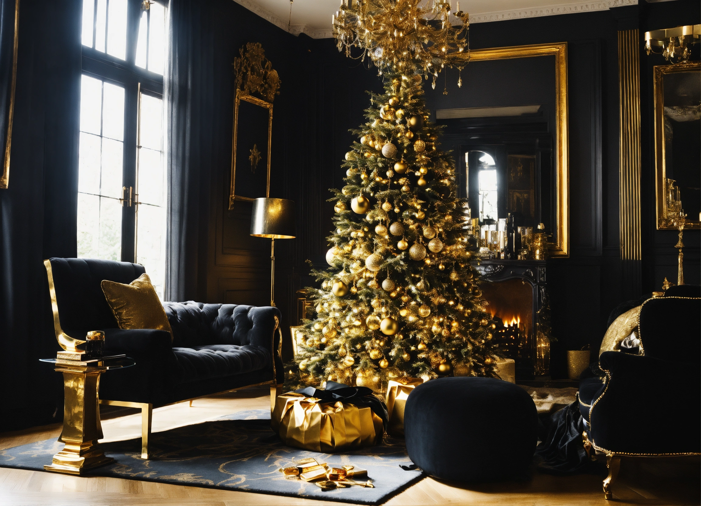 Lexica - Black Christmas, sparkling, gorgeous, gold and black, interior ...