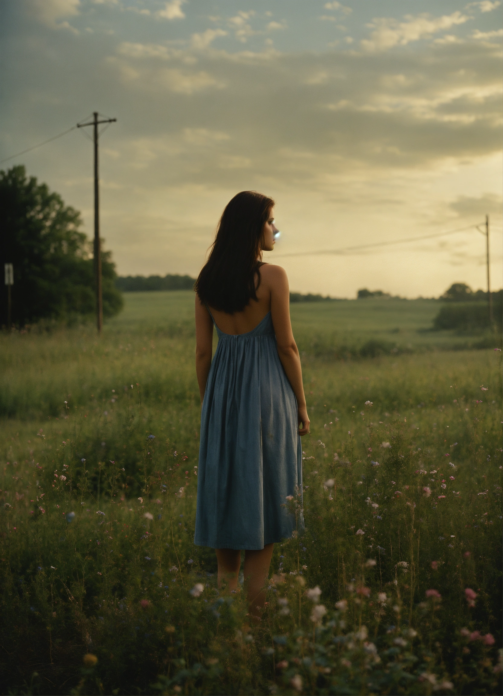 Lexica - A woman with long brown hair standing in a field, rear view ...