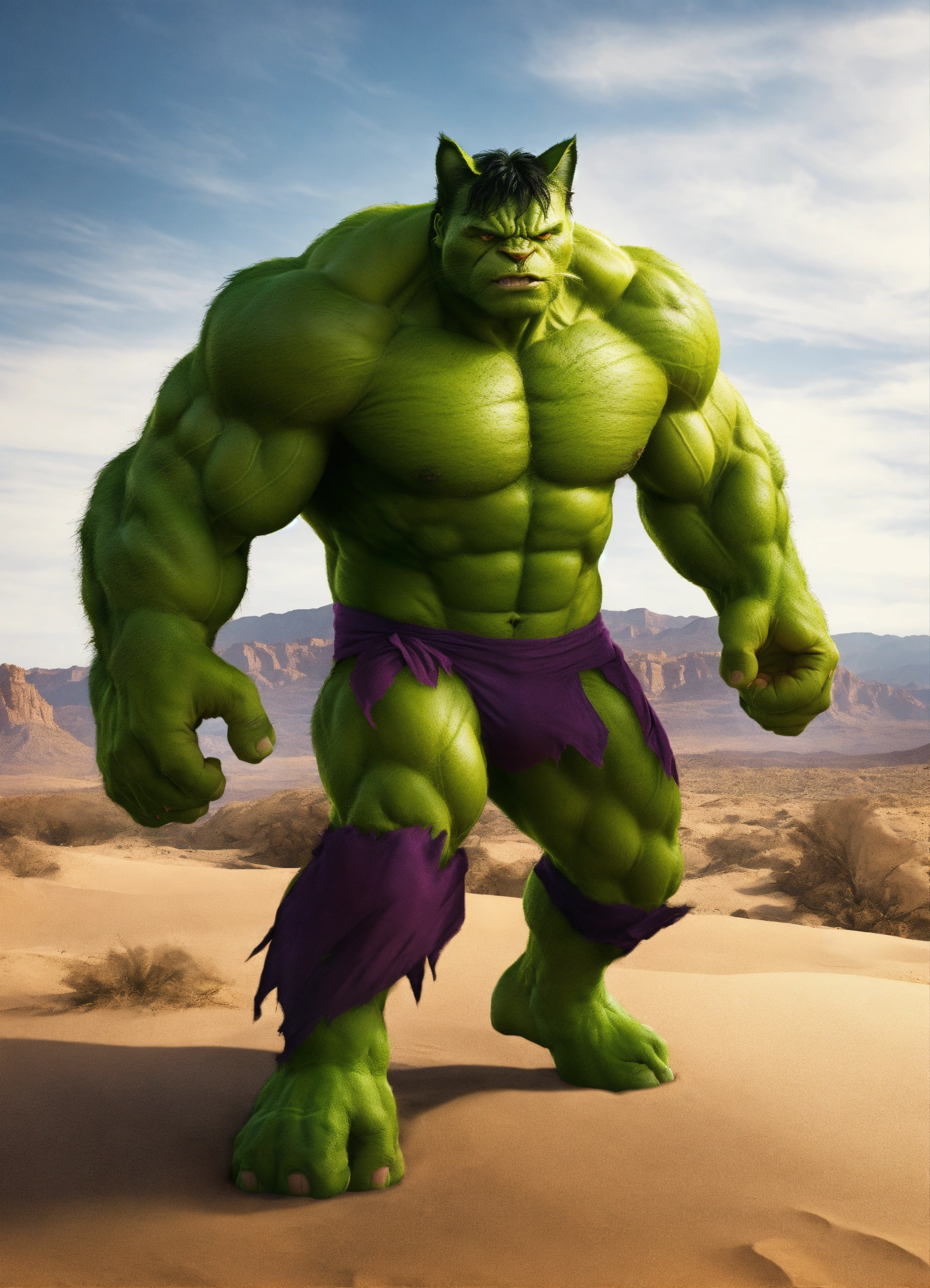 Lexica - A cat wearing a Hulk suit in the desert catching villains ...