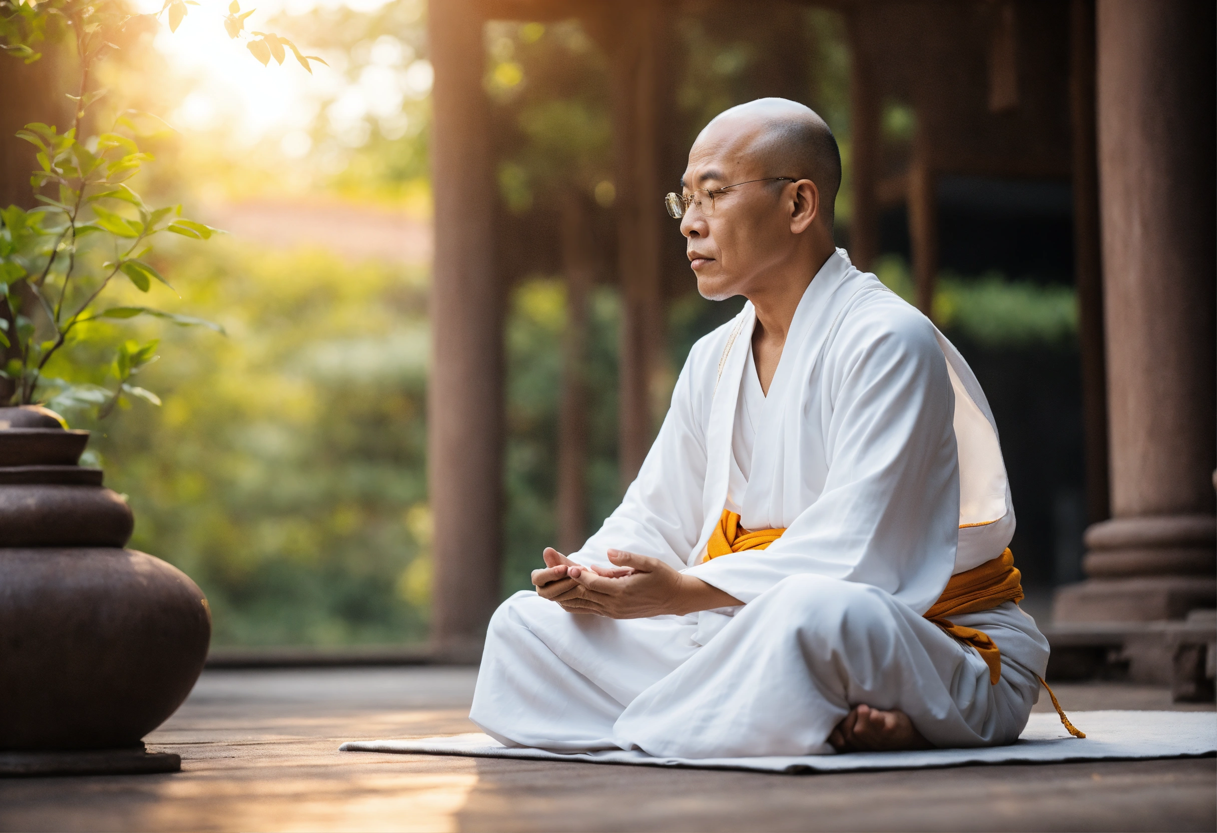 Lexica - Wise monk wearing white clothes sitting in meditation