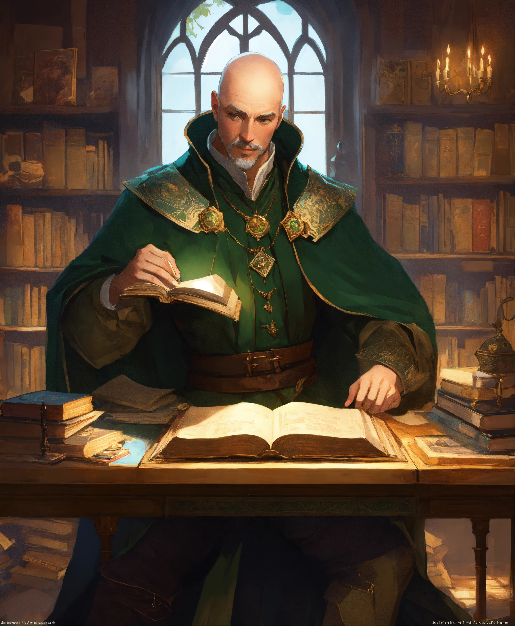 Lexica - Male noble chancellor bald Medieval reading books in his desk ...