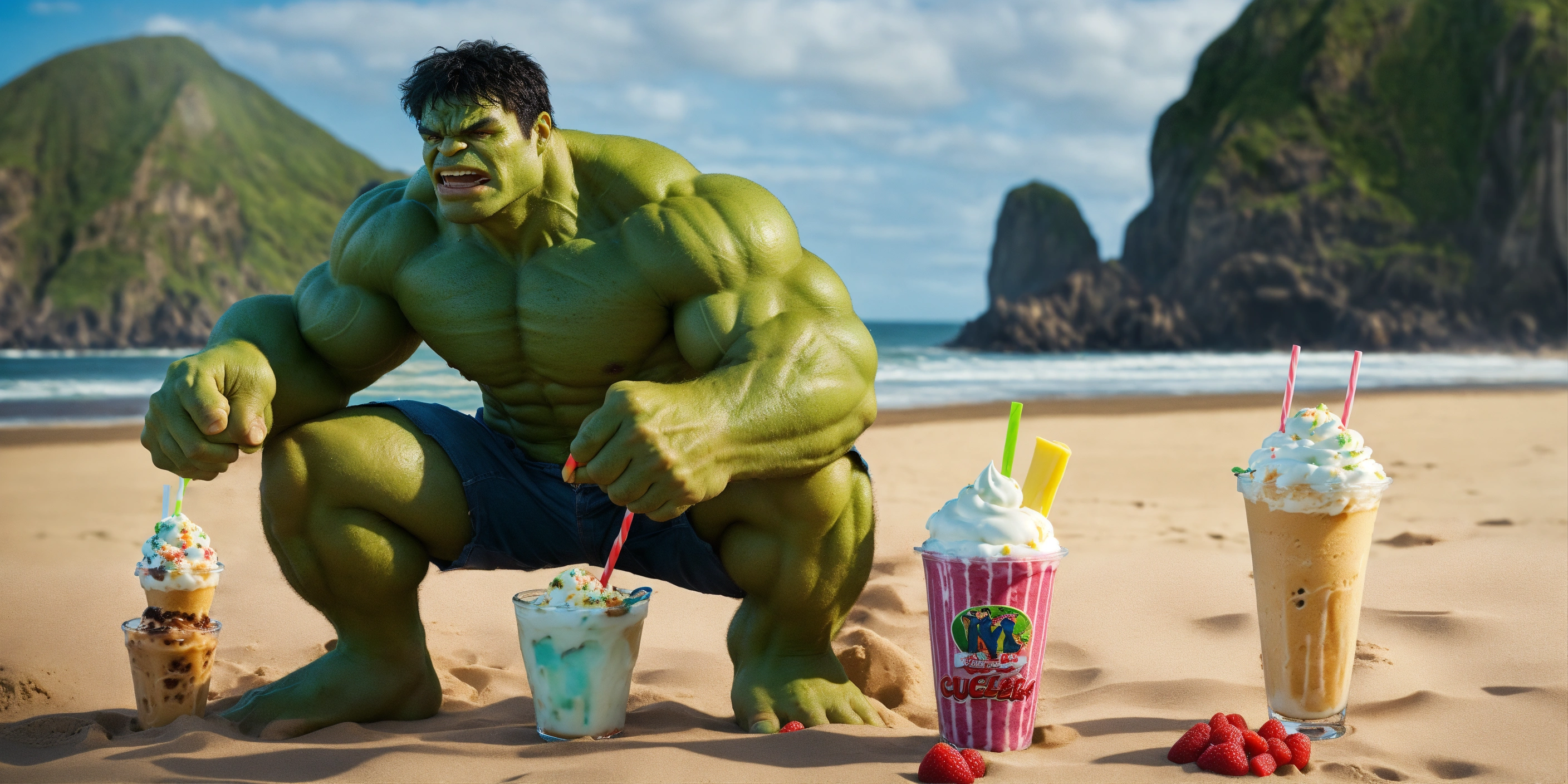 Lexica - Hulk na praia, comendo sorvete e milkshake de casquinha em 8k