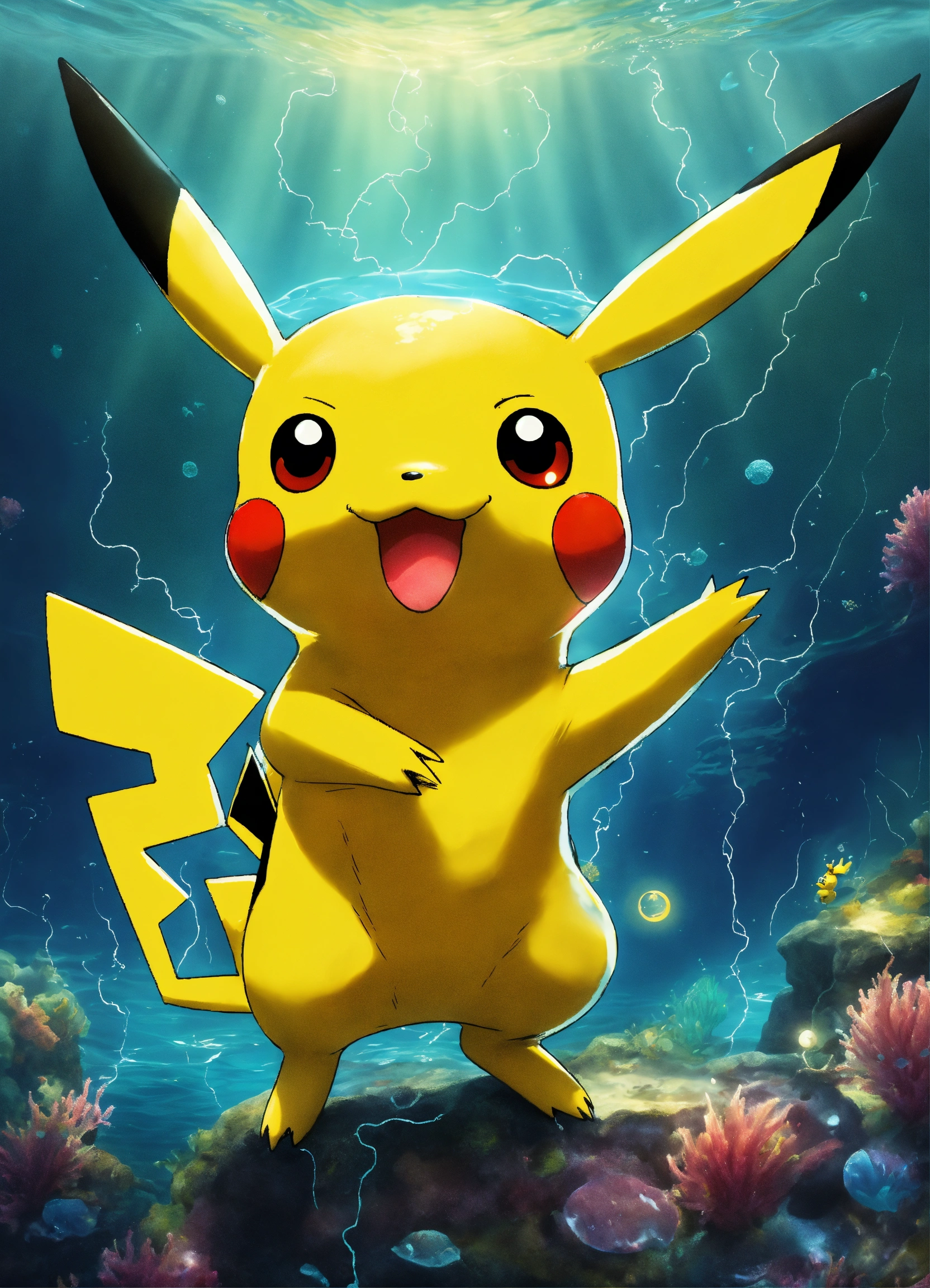 Lexica - Pikachu LIKE DRAGON swimming in the sea WITH electrical current