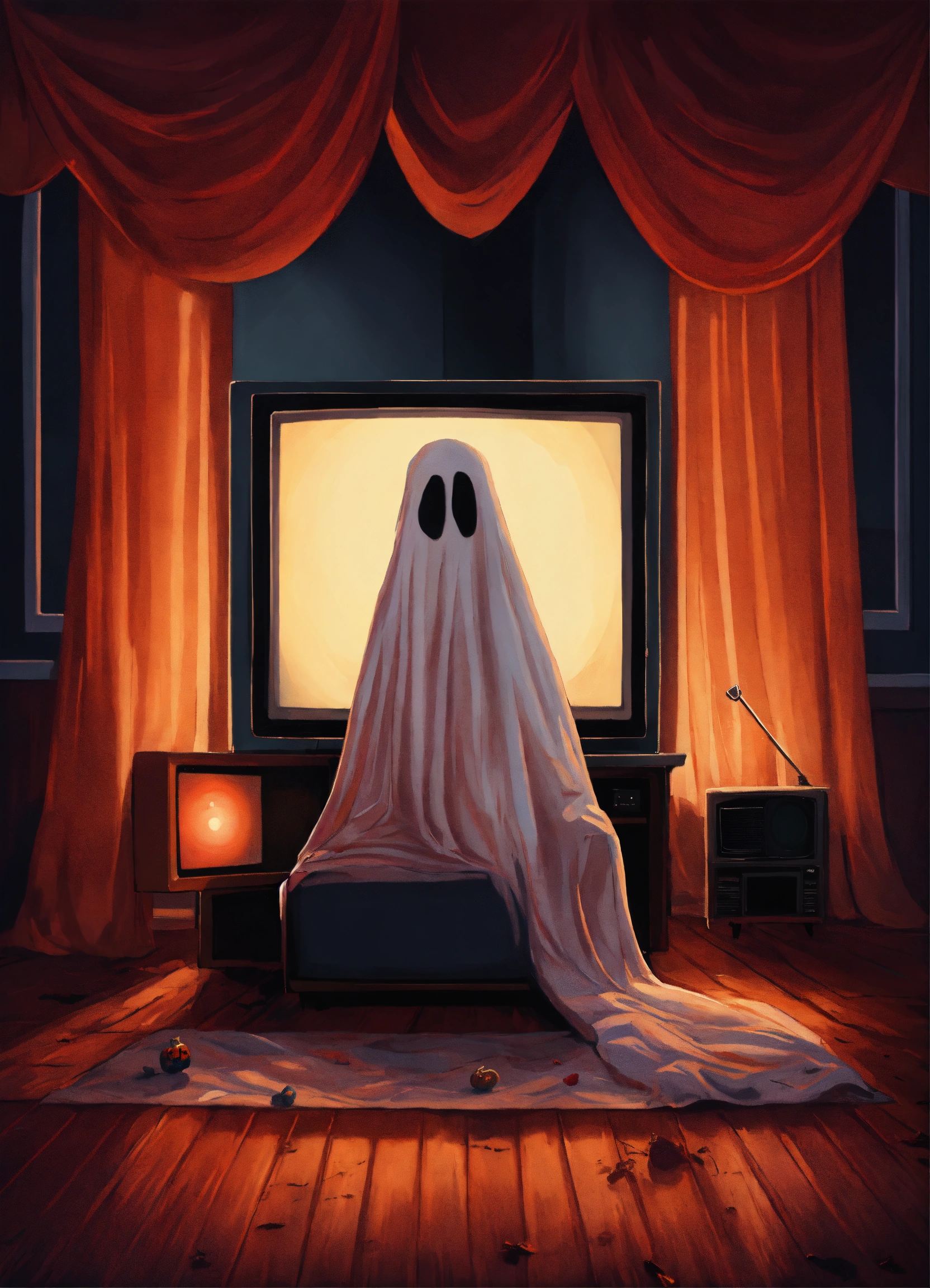 Lexica - A painting of a bedsheet ghost watching scary movies on a ...