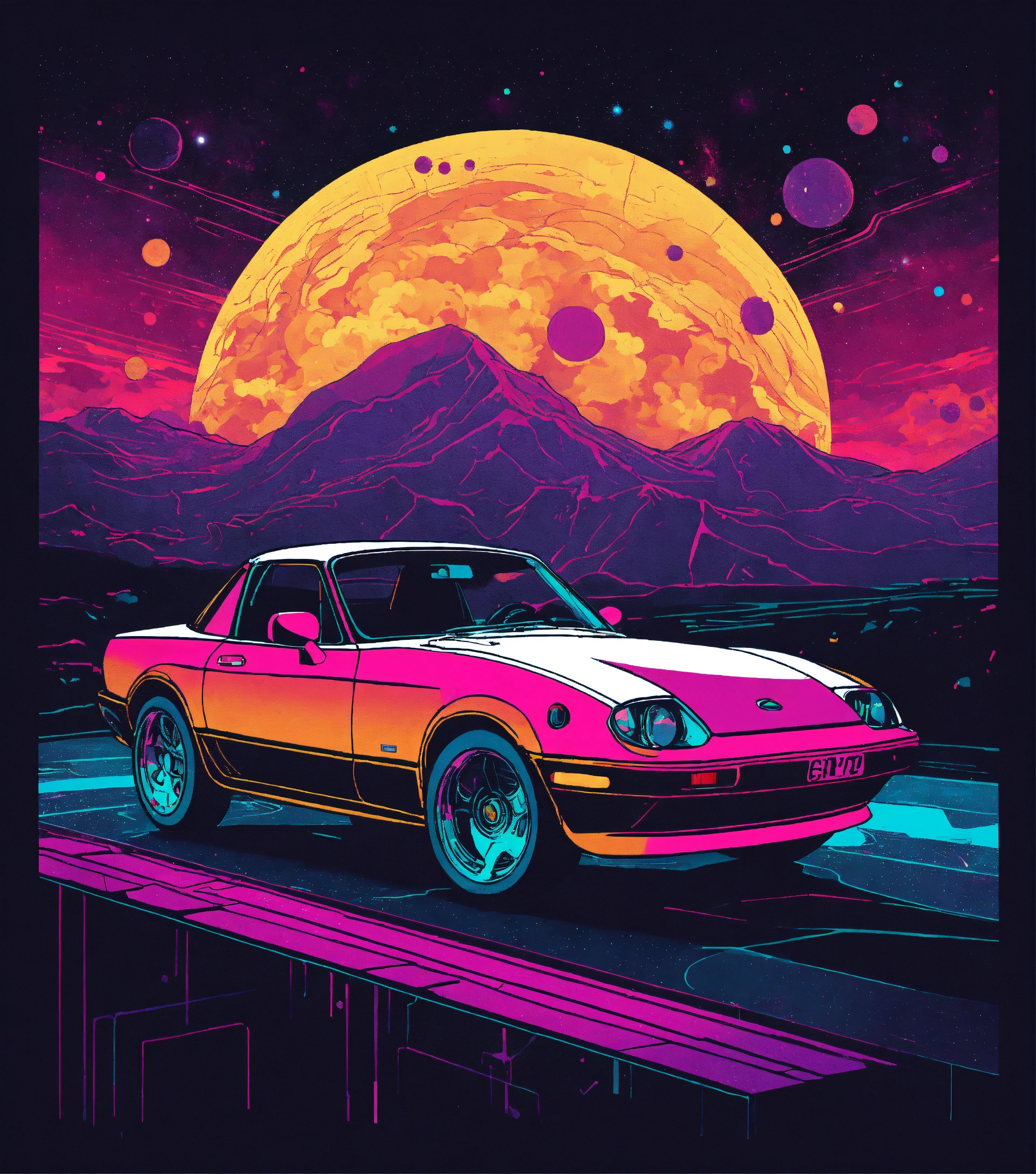 Lexica - Cyberpunk Miata 1985, die-cut sticker, cosmic backround ...