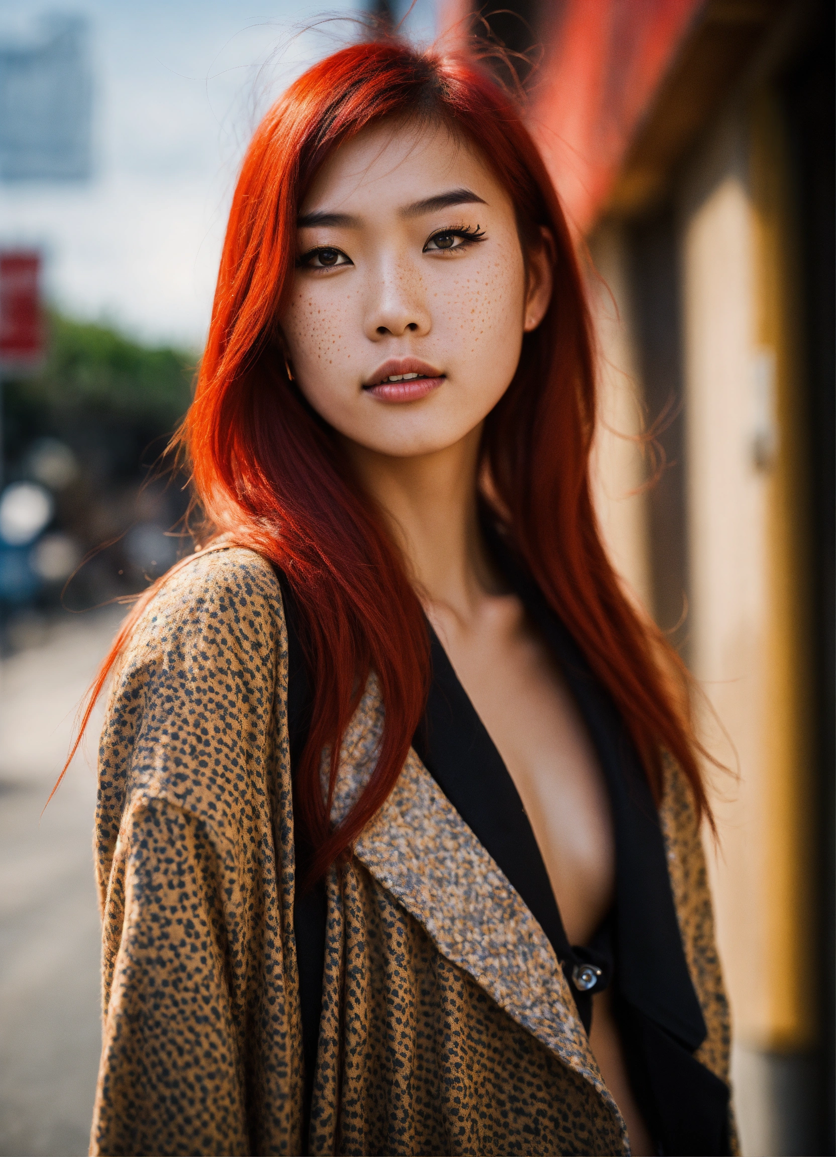 Lexica - Supermodel, asian, bright red hair, freckles, Street photography