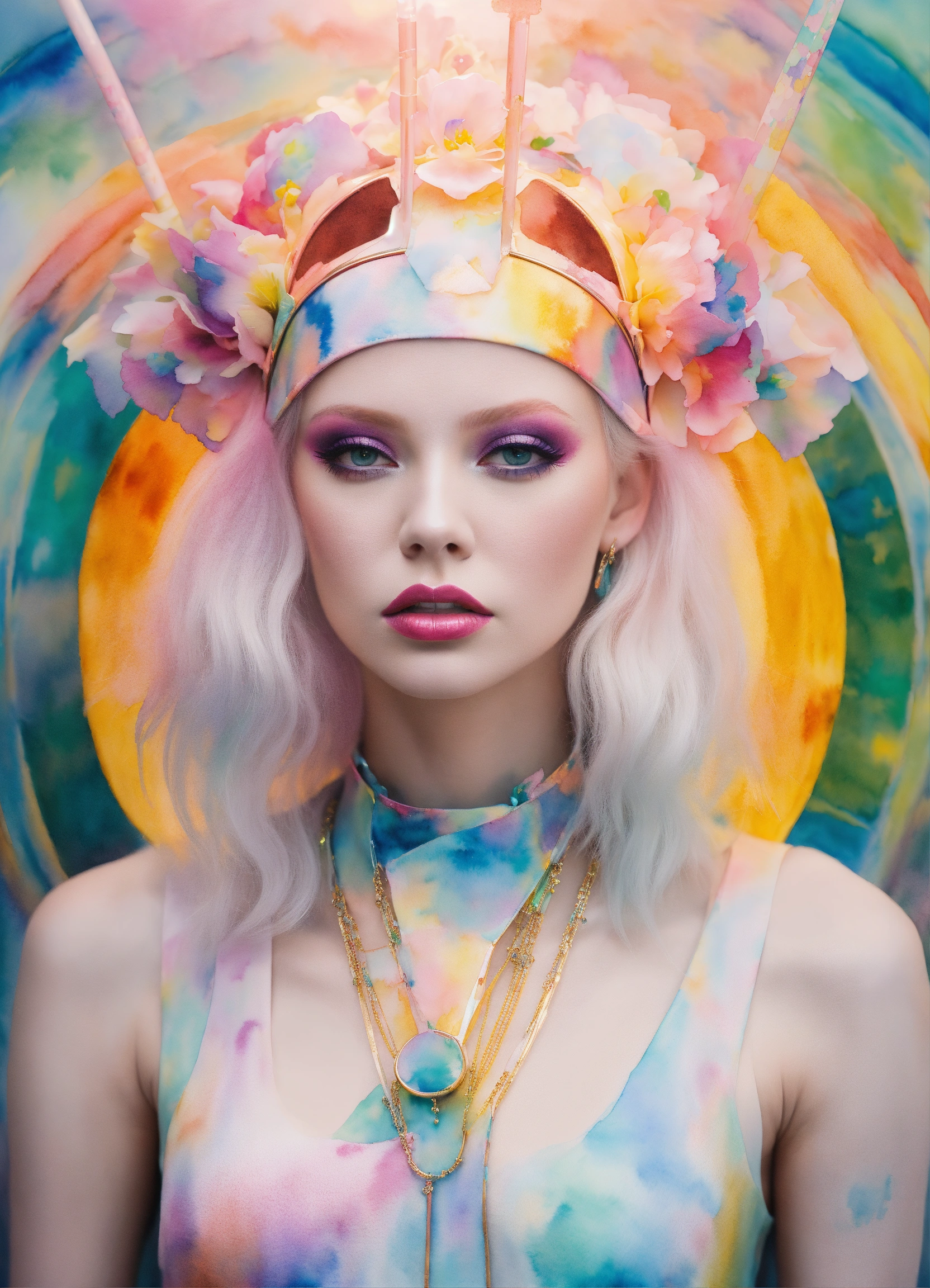 Lexica - A beautiful albino female pop artist in a watercolor painting,  wearing a pastel sleek futuristic outfit with a huge headpiece center  piece. ...