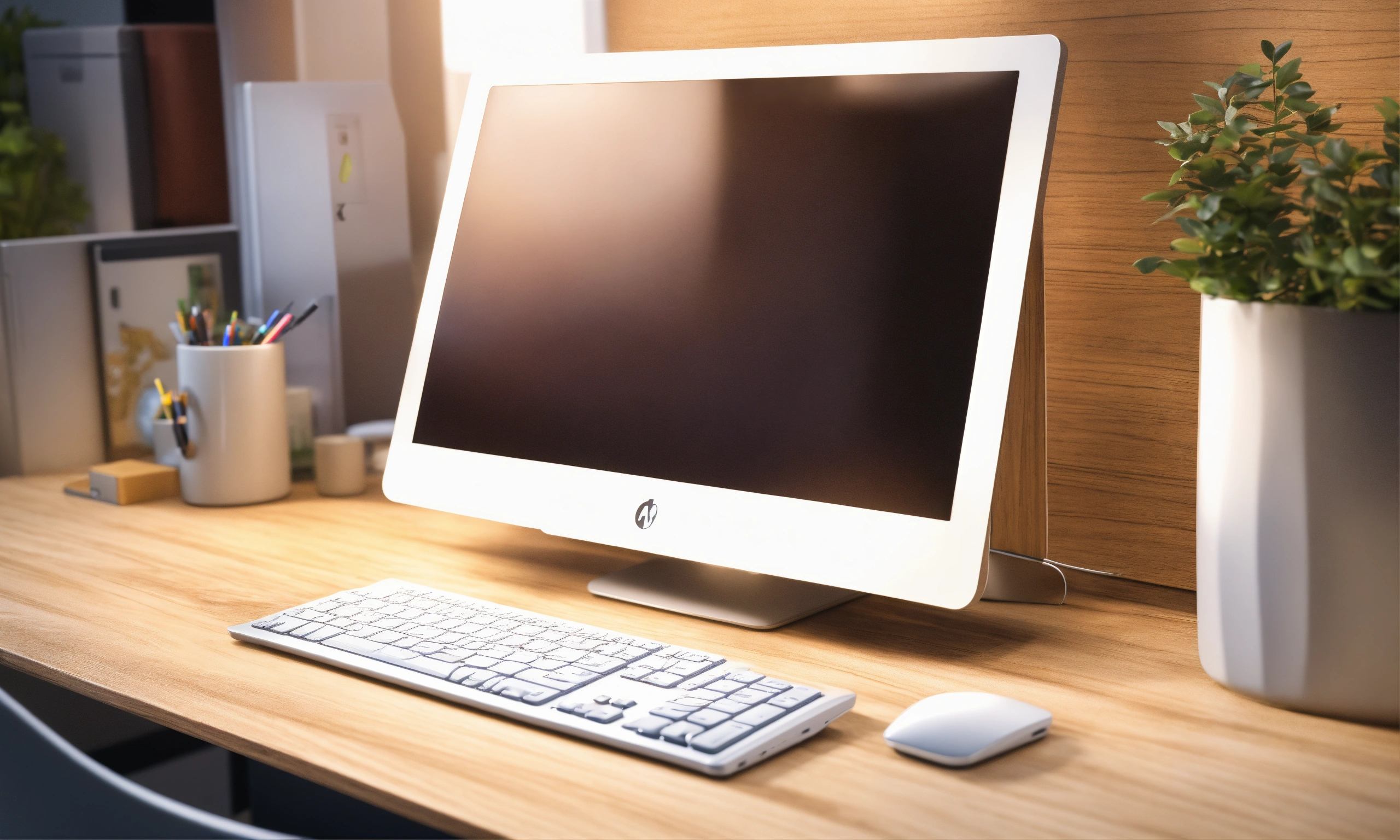 Lexica White wood office desk, official, computer, close up, modern