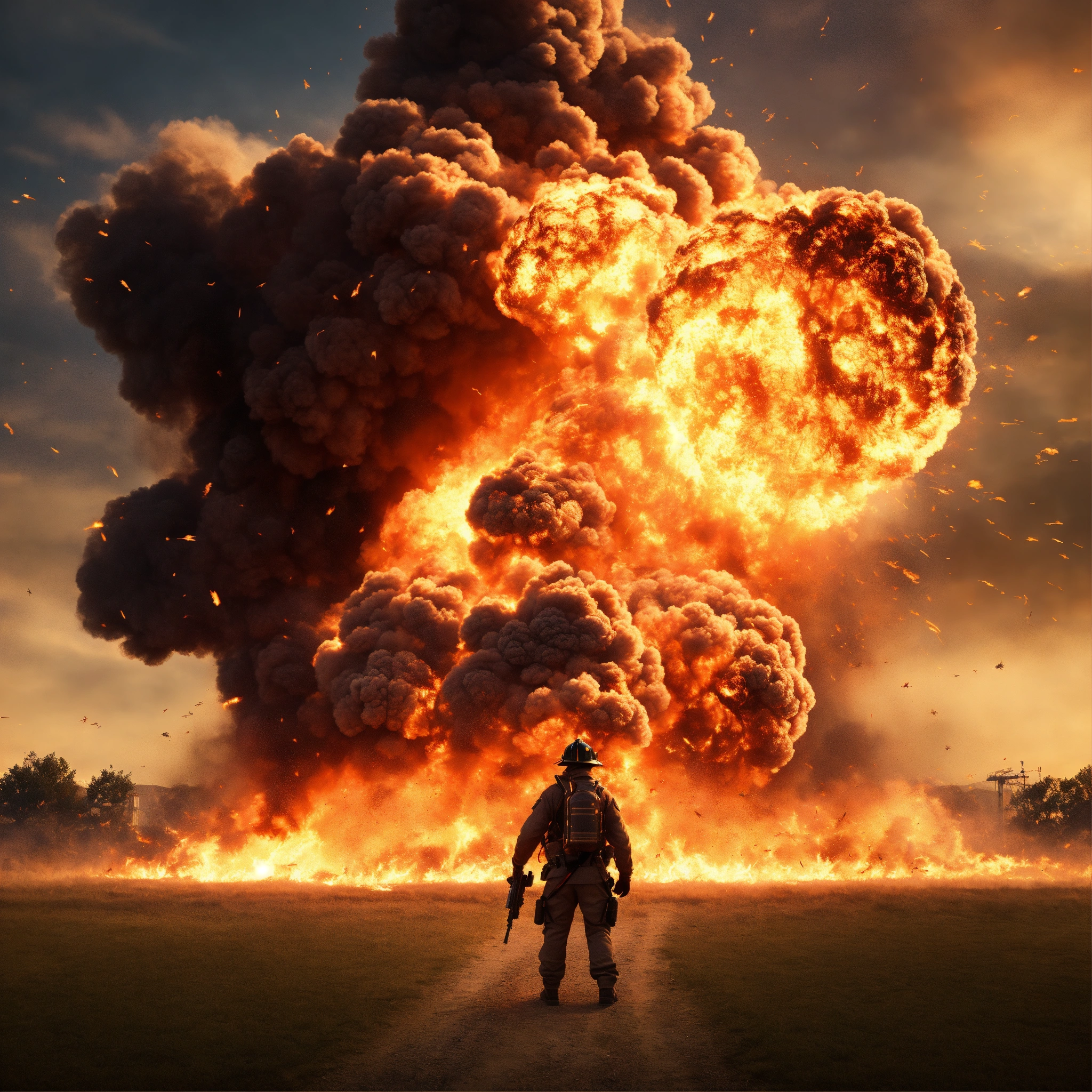 Lexica - Outdoor background with explosions and fire in the background ...