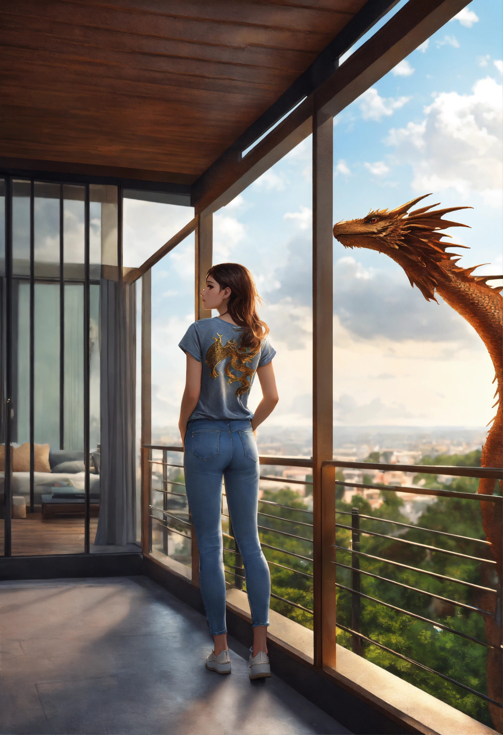 Lexica - Beautiful girl in t-shirt and jeans standing on the balcony of ...