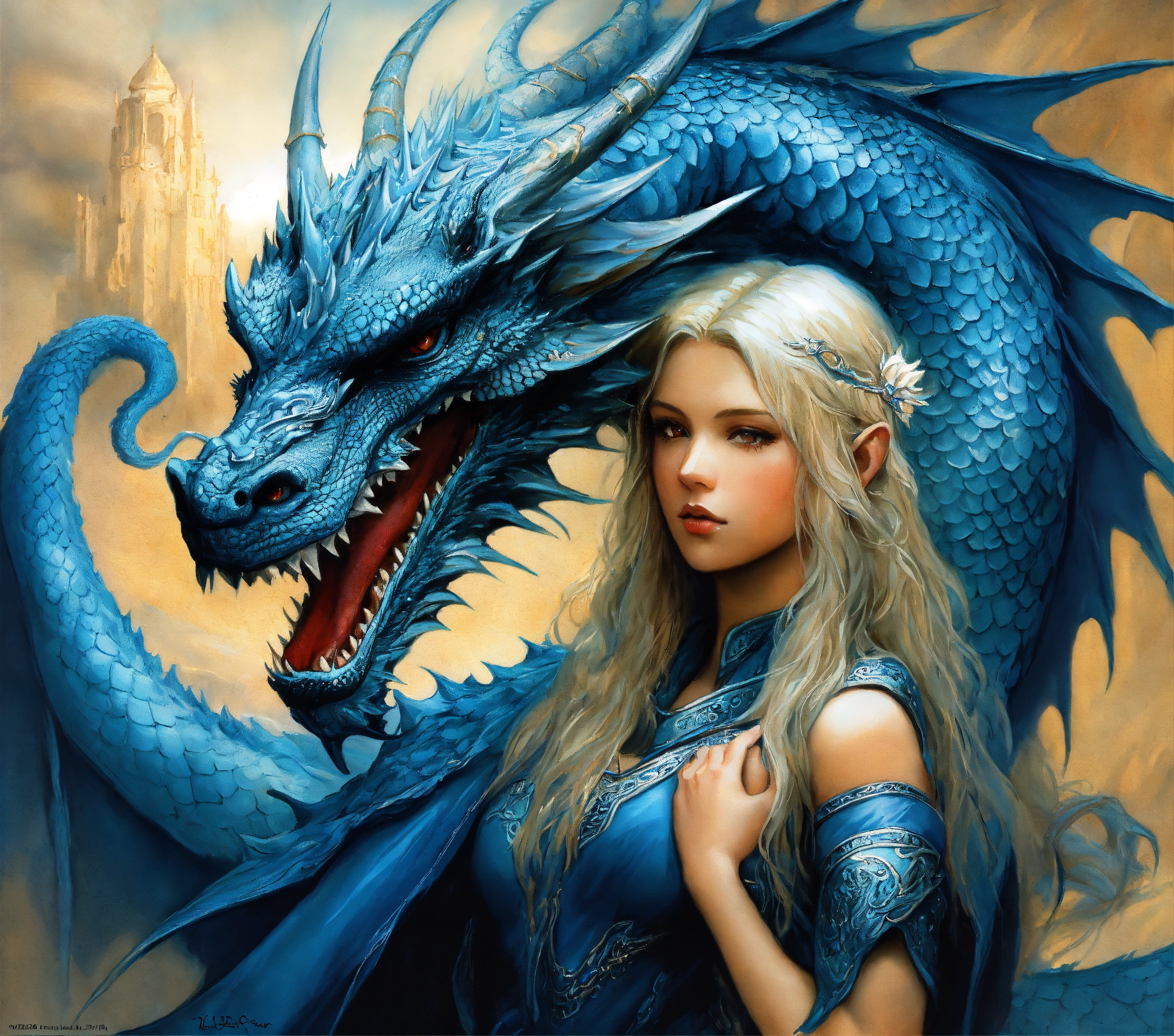 Lexica - Painting of a giant magnificent blue dragon with a 15 year old ...