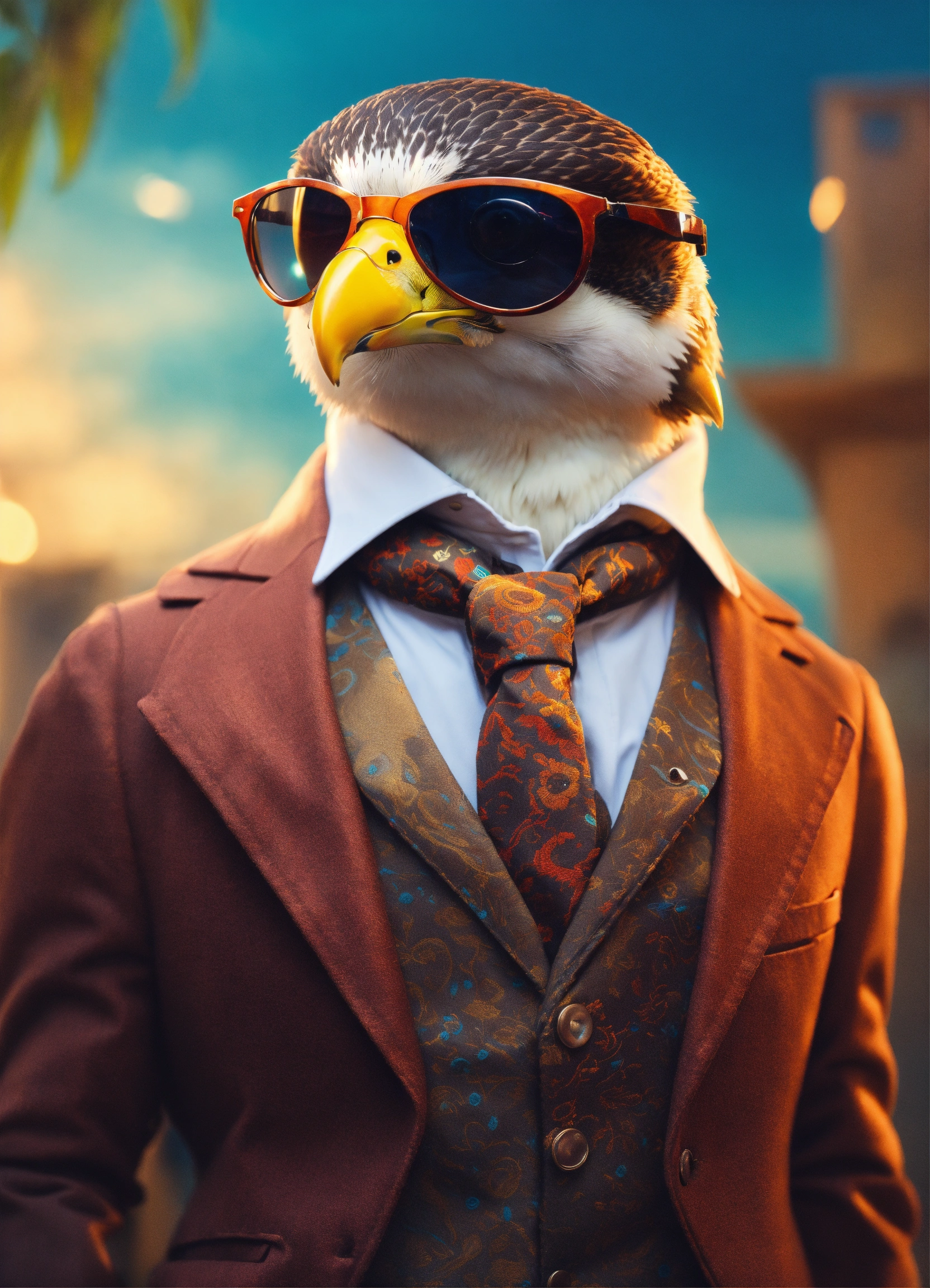 Lexica - Full-bodied portrait, cute and adorable falcon wearing suit ...