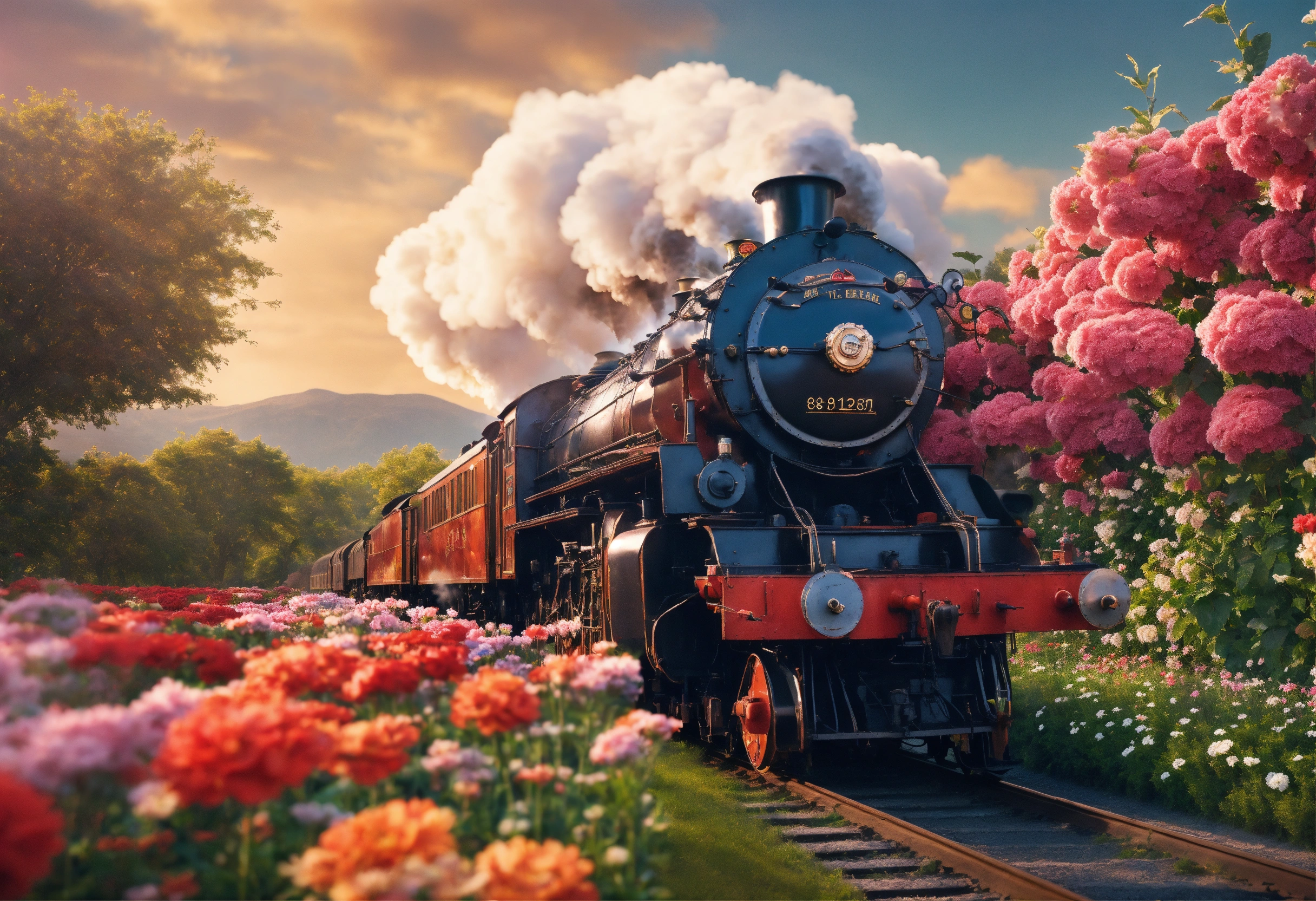 Lexica - Near future, steam locomotive, Running through a flower garden ...