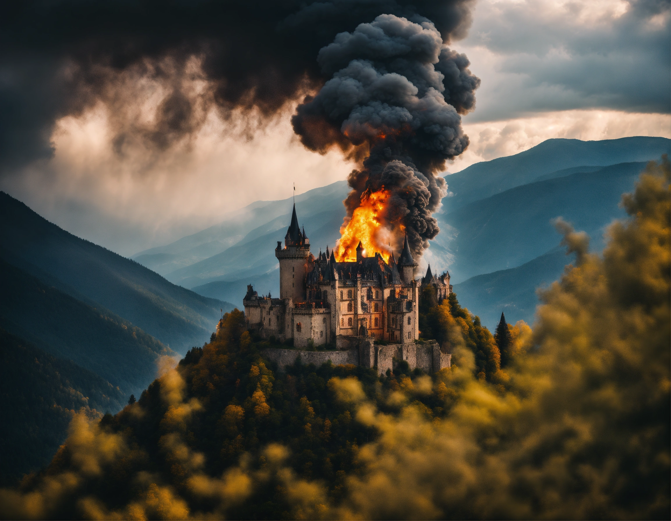 Lexica - Photography of a burning gothic castle in the mountains, storm ...