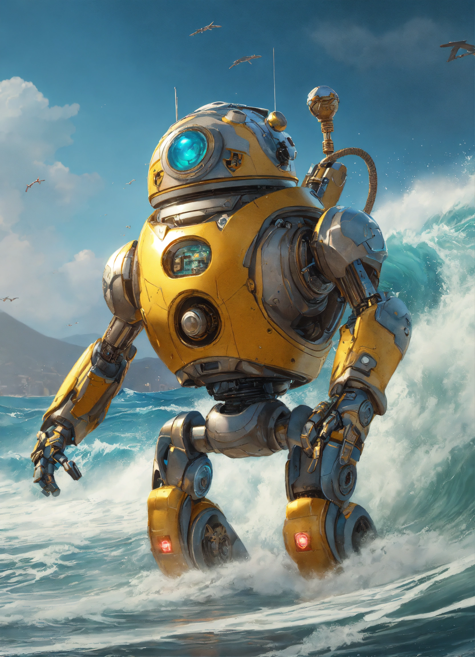 Lexica - Portrait painting of a cute android bot surfin a huge wave in ...