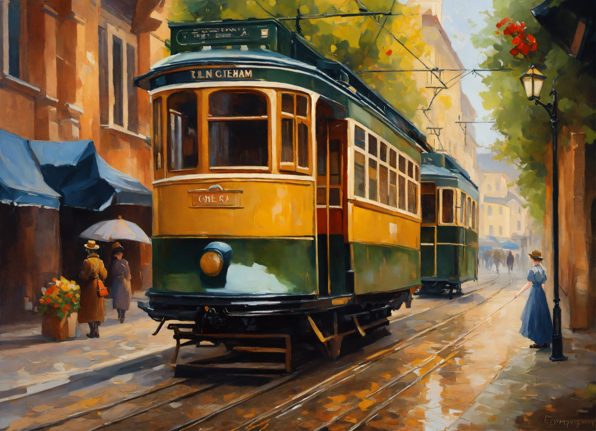 Lexica - Oil paintings landscape, old tram in the street. old city ...