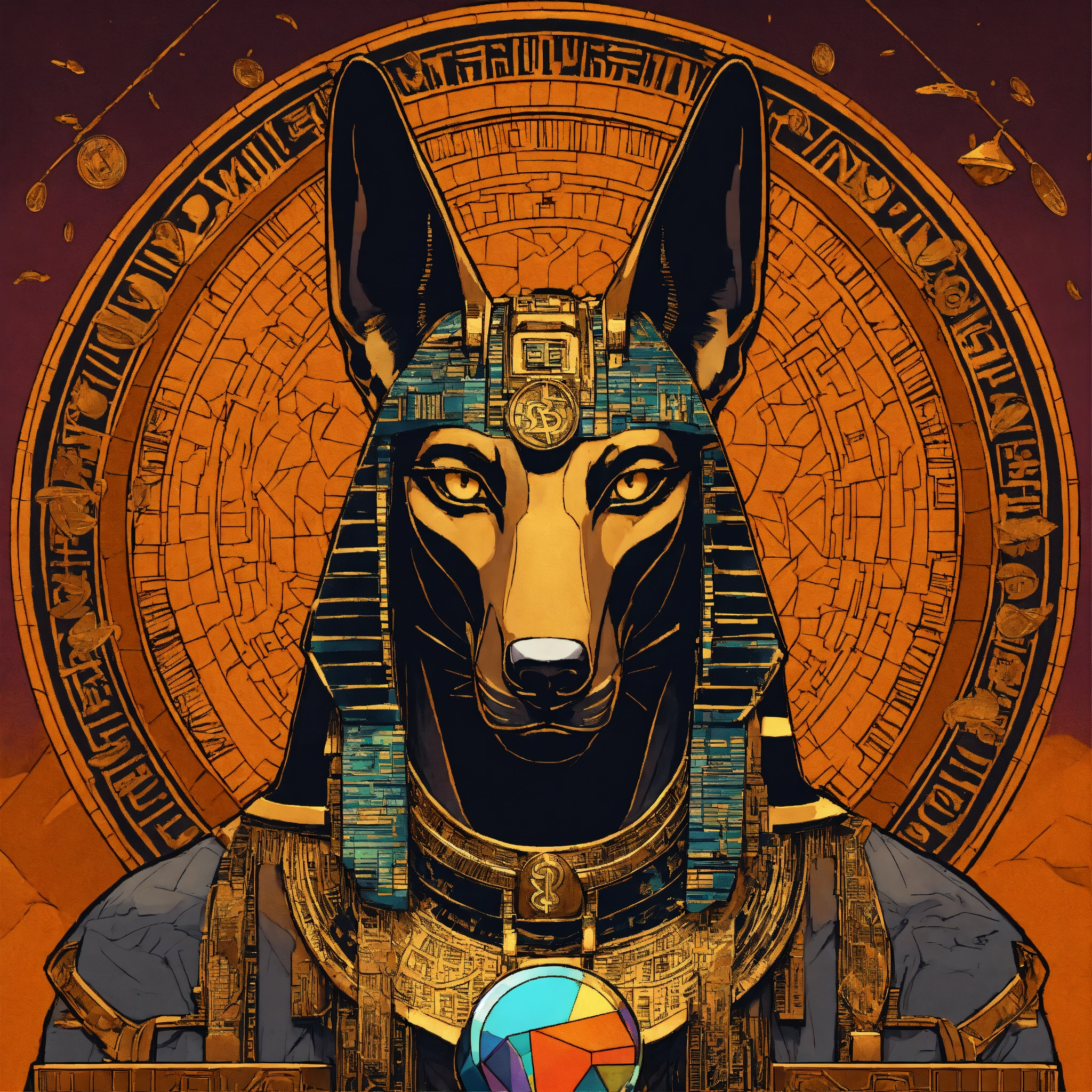 Lexica - Anubis, surrounded by cryptocurrency