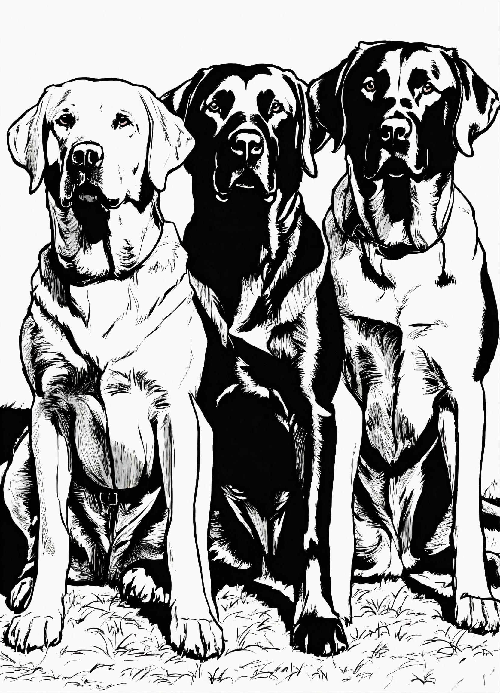 Lexica - Black and white bold line drawing, three Labrador retrievers ...