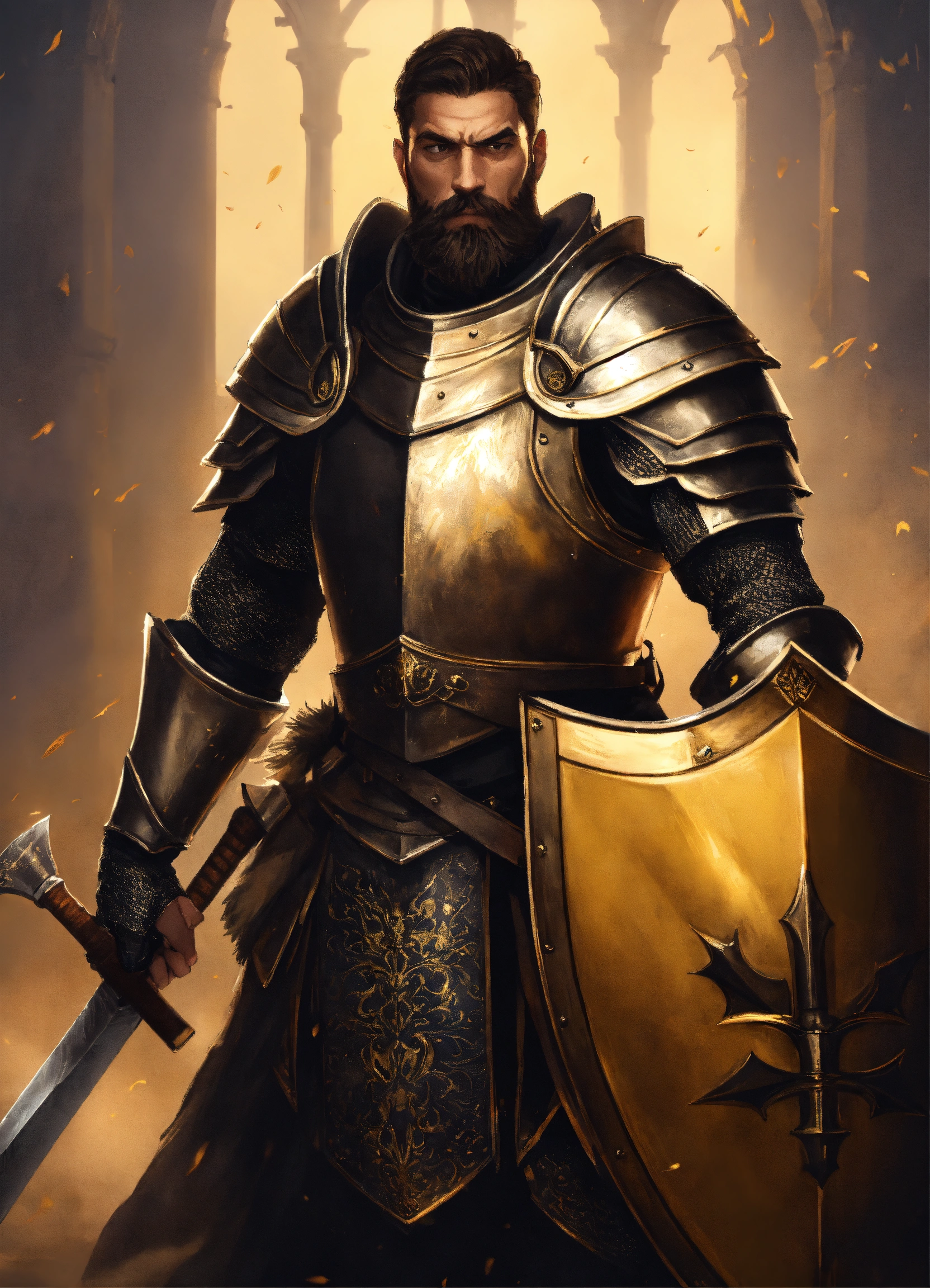 Lexica - A slender medieval knight wearing black and gold armor ...