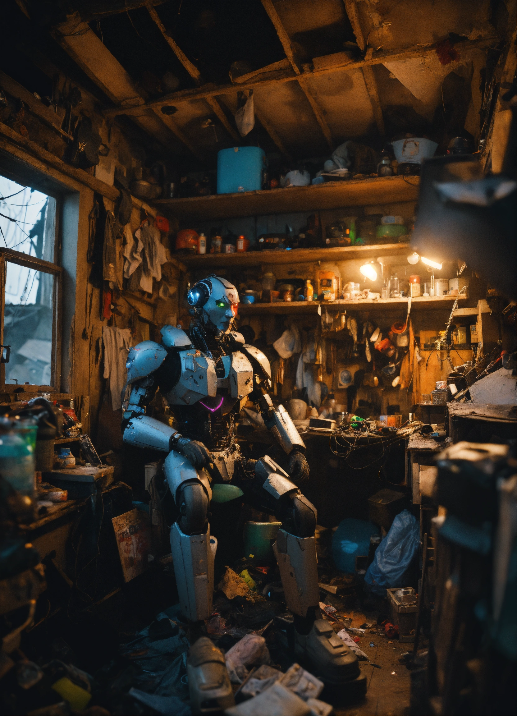 Lexica - Wide angle Environmental shot of evil Cyborg in a cluttered ...