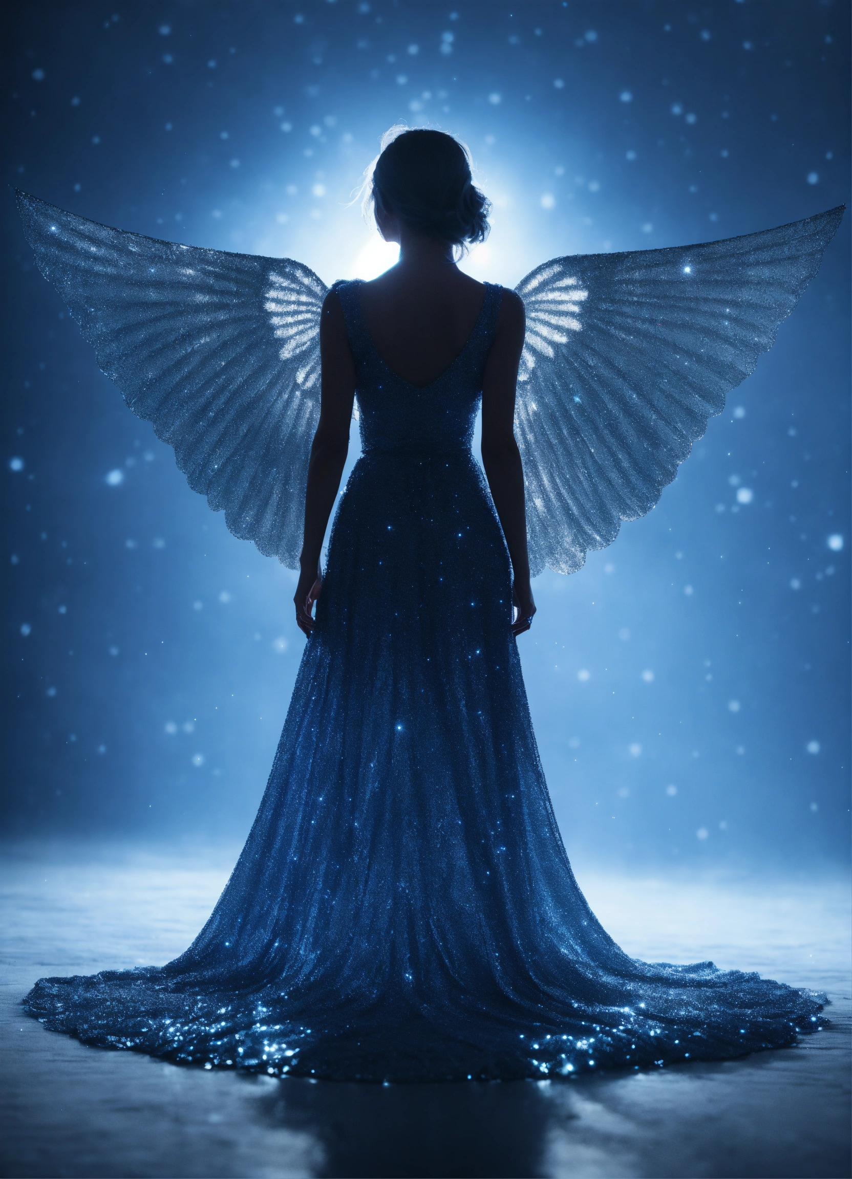 Lexica - Photoshoot of a ghost sad angel silhouette made of a million ...