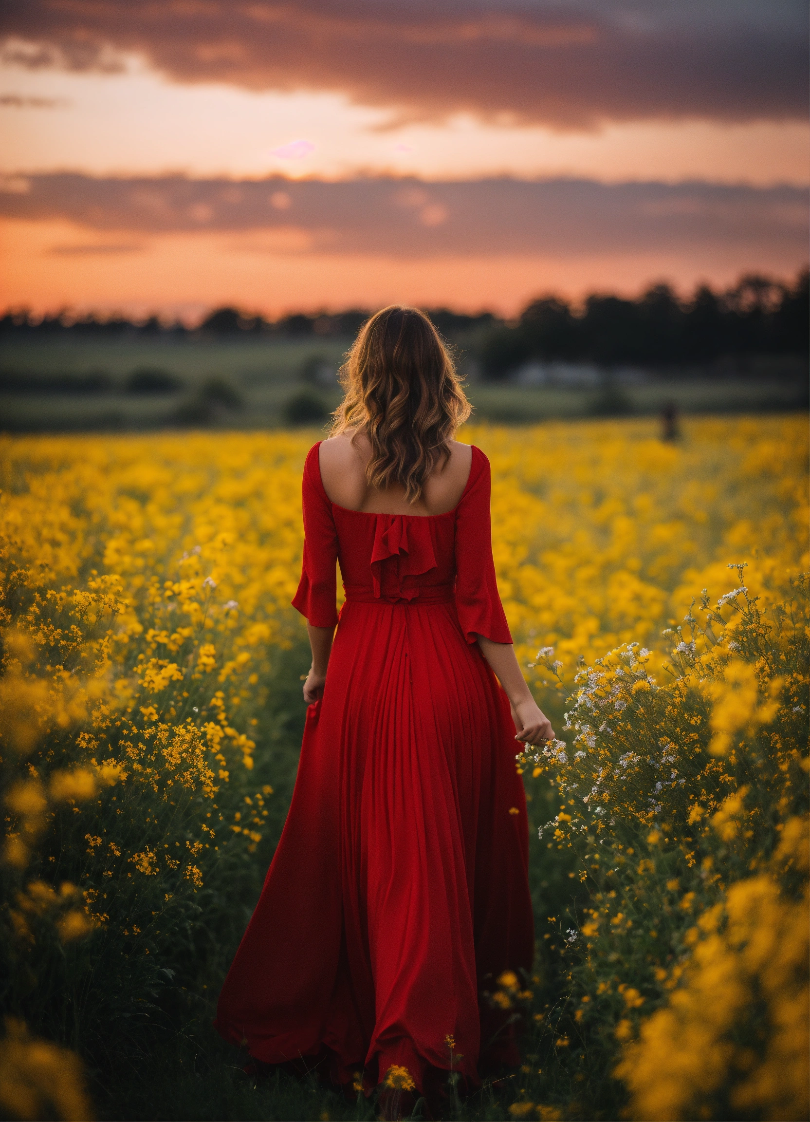 Lexica - A Woman in a red dress walking at dusk through a field with ...