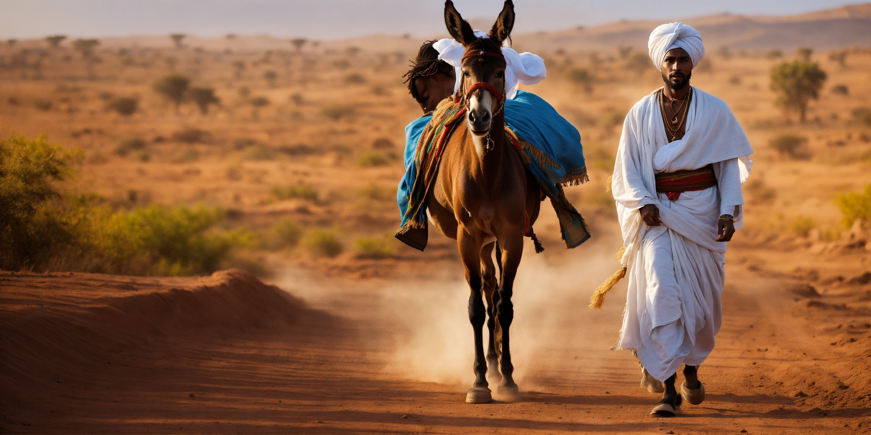 Lexica - Illustrate a handsome black Ethiopian man traveling on a dusty  road. The man is wearing a white traditional Ethiopian garment with a  Turban...