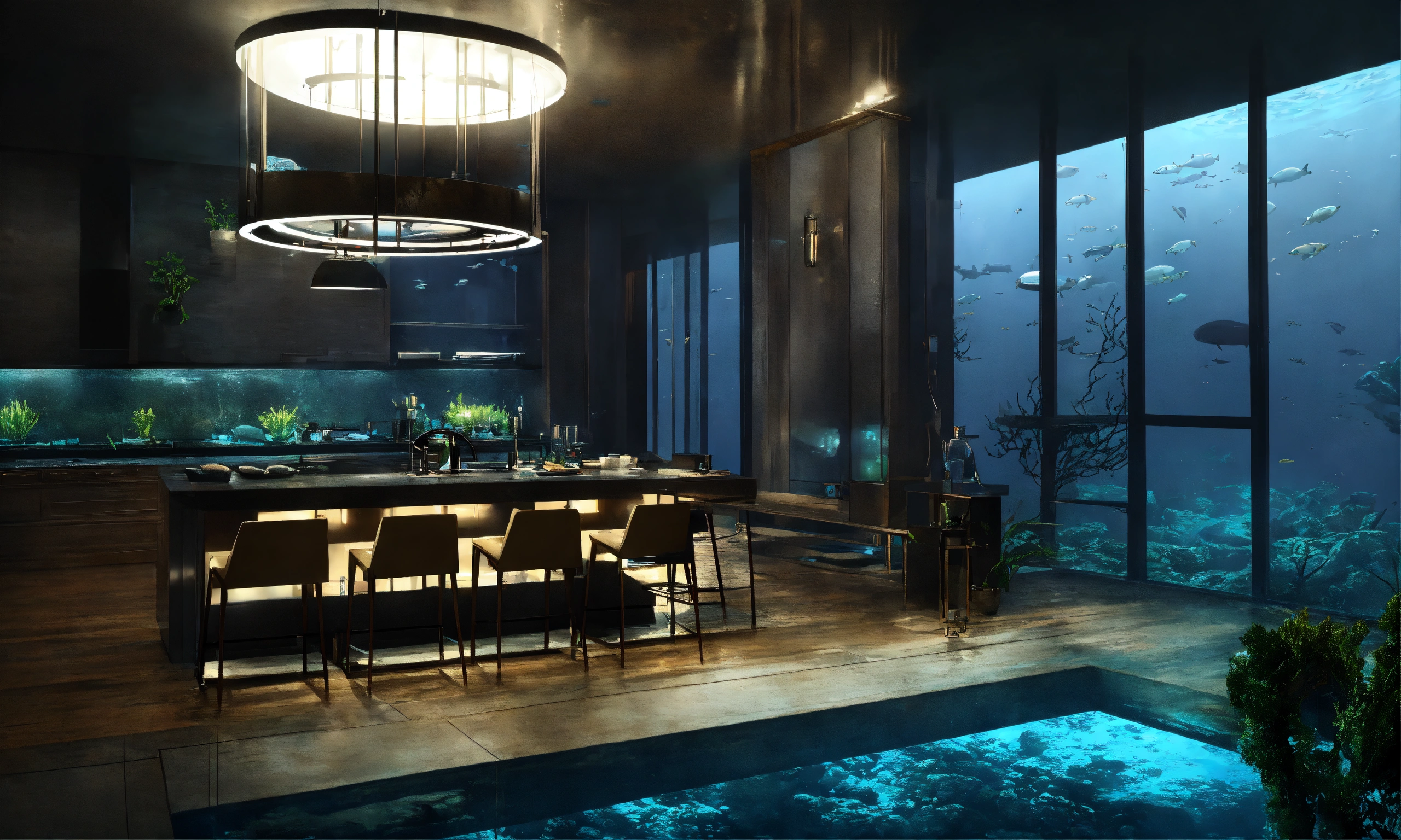 Lexica - Concept art of interior design underwater, dark modern ...