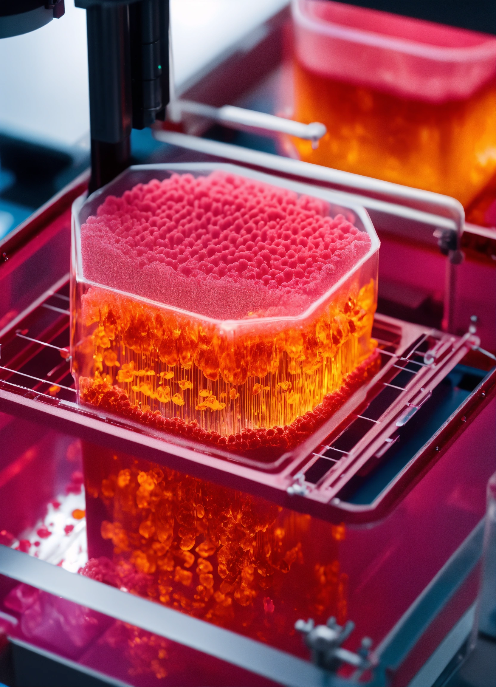 Lexica 3d bioprinter printing fine channles in gelatin mass, zoomed