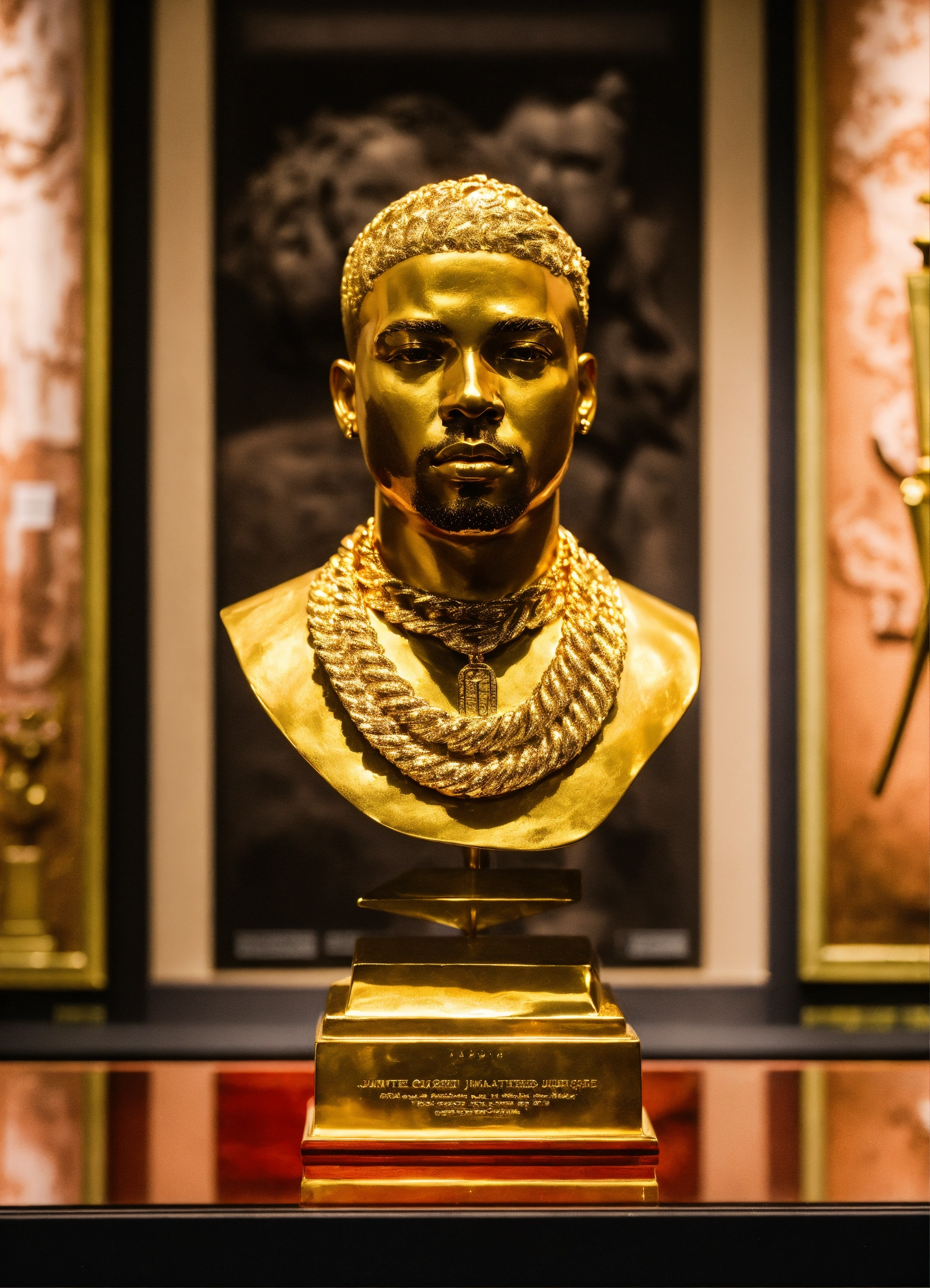 Lexica - A gold bust of the rapper Juvenile in a museum with awards ...