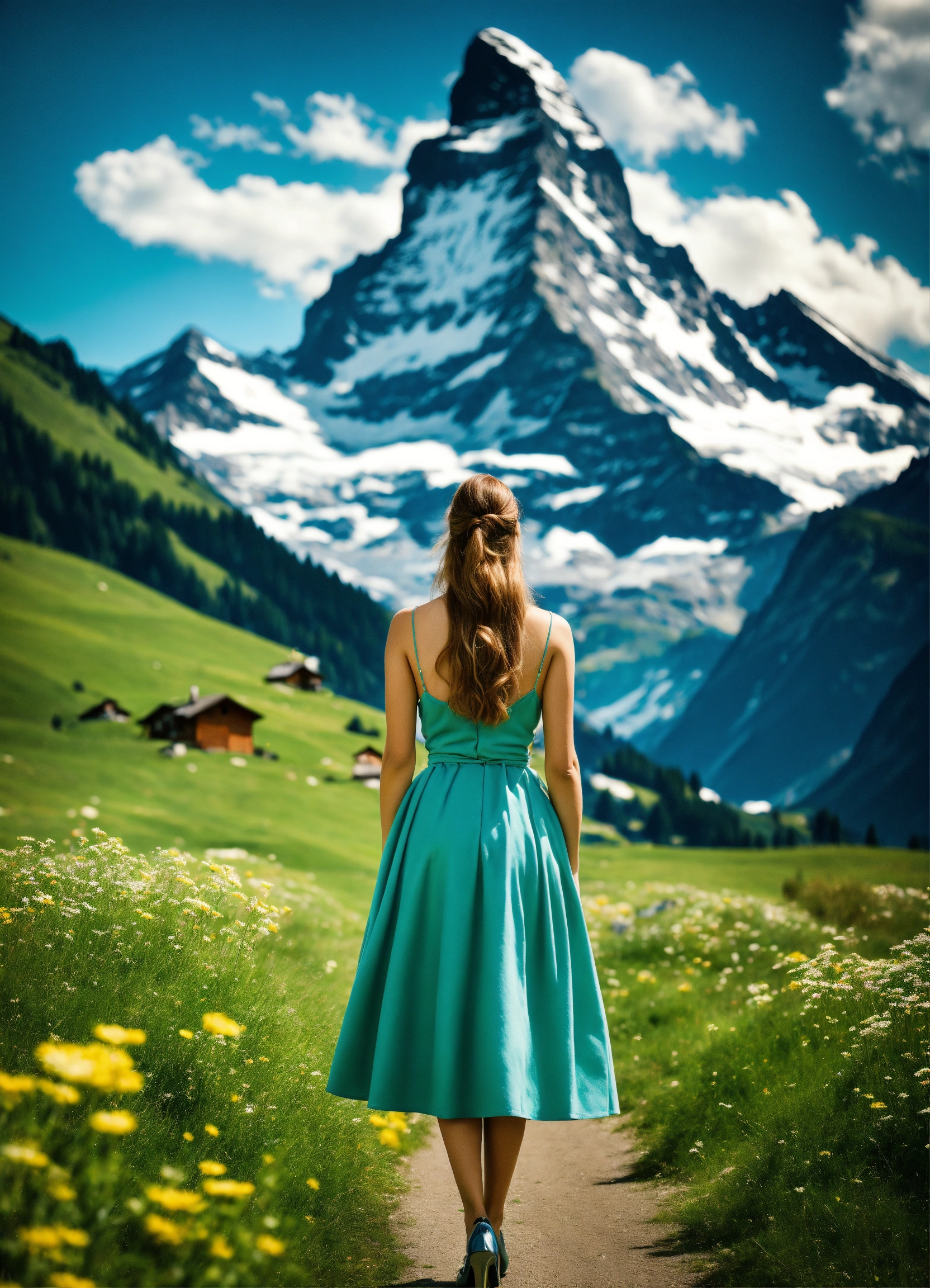 Lexica - A young woman stands on a green meadow, sky blue midi dress ...