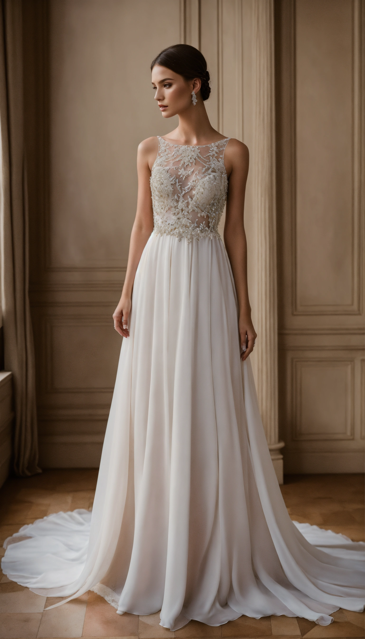 Lexica - Create a realistic photo of a silk and chiffon wedding dress ...