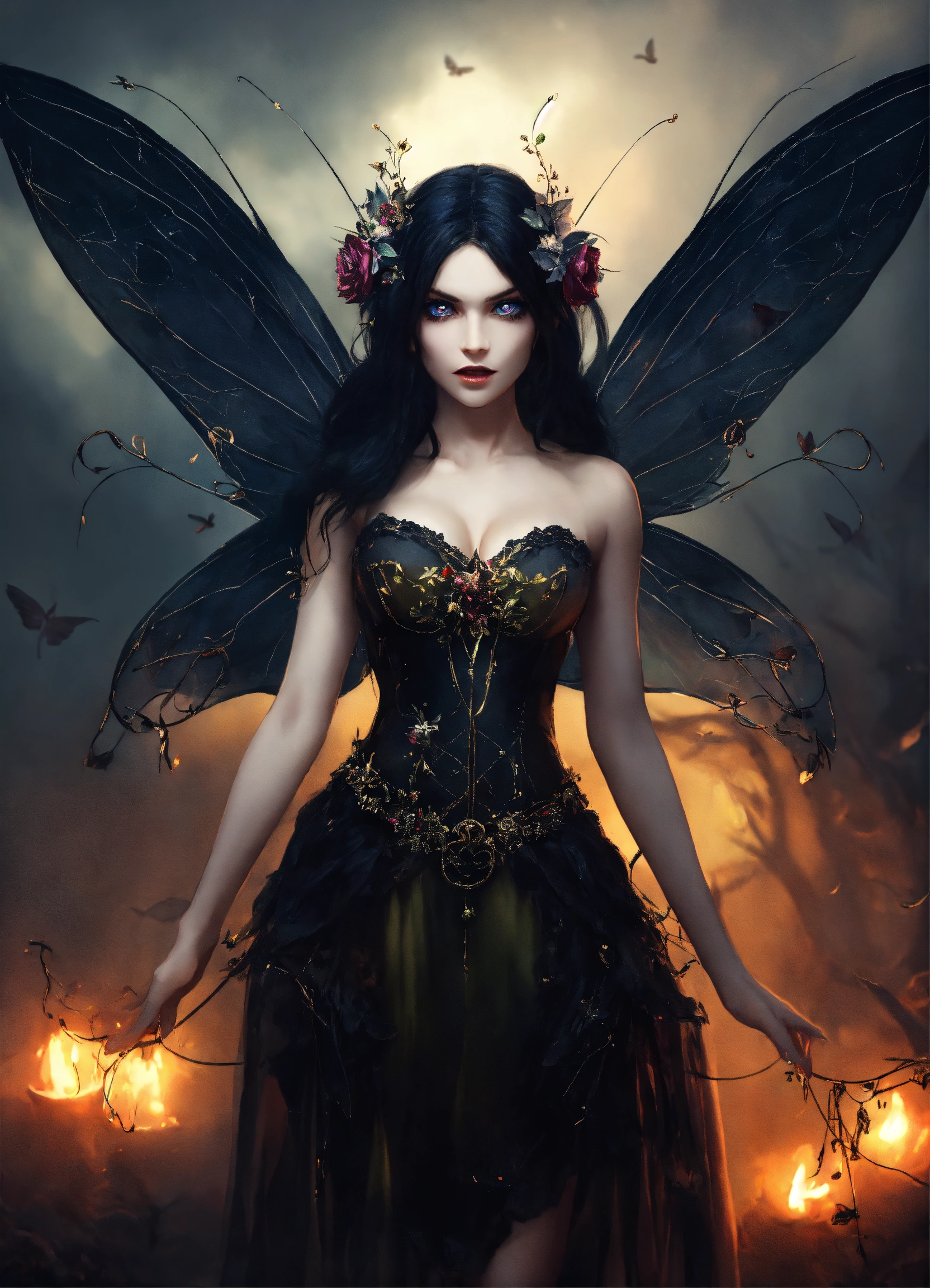 Lexica - Scary fairy with beautiful eyes, full body, black hair ...