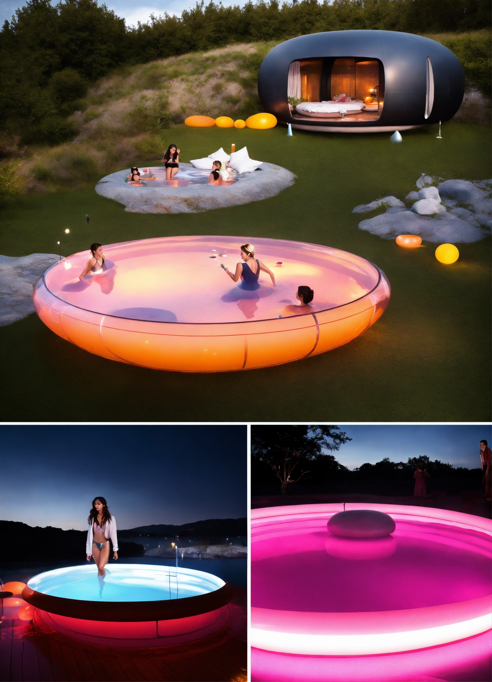 Lexica - Show a future with floating pools, in the future. With rubber ...