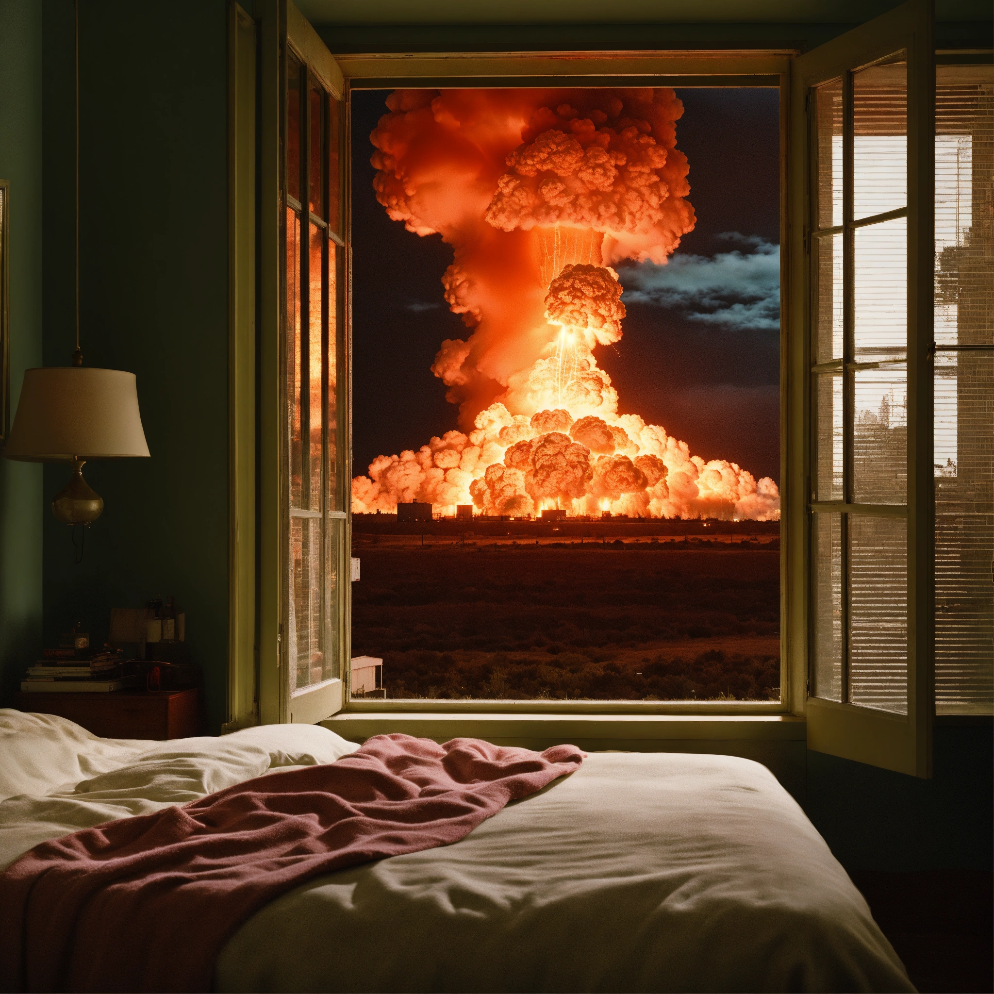 Lexica - A photograph of a nuclear explosion through a window, rear ...
