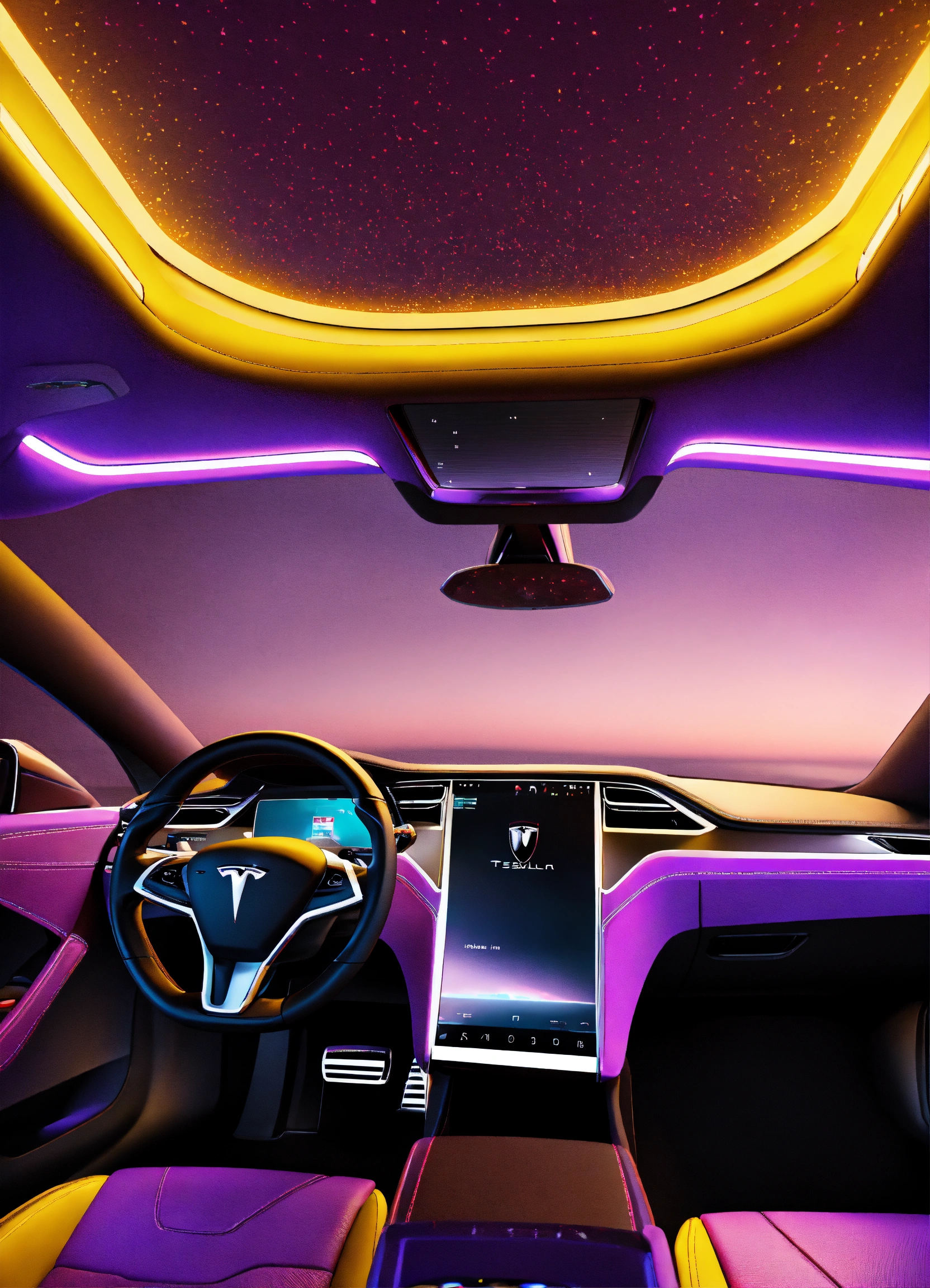 Lexica - Tesla, interior, dashboard, 4k, 3d render, purple yellow